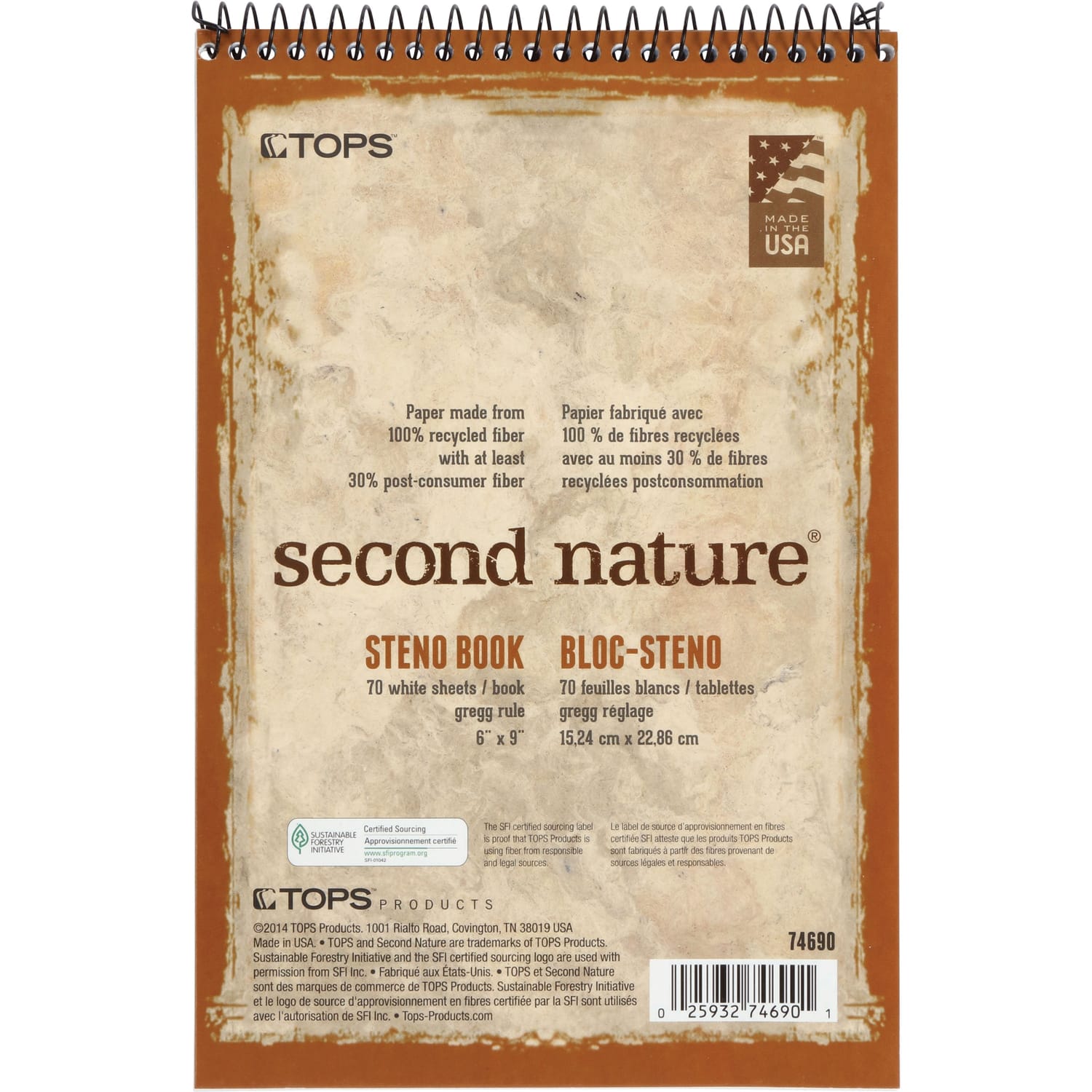 TOPS Second Nature Spiral Steno Notebook - 70 Sheets - Spiral - 0.34in Ruled - 15 lb Basis Weight - 6in x 9in - 1in x 6in9in - White Paper - Blue, Gray, Brown Cover - Acid-free - Recycled - 4 / Pack - Image 3