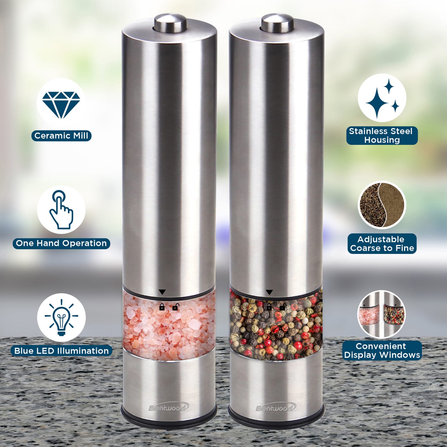 Brentwood Electric LED Salt And Pepper Adjustable Ceramic Grinders, 6 Oz, Silver, Set Of 2 Grinders - Image 3