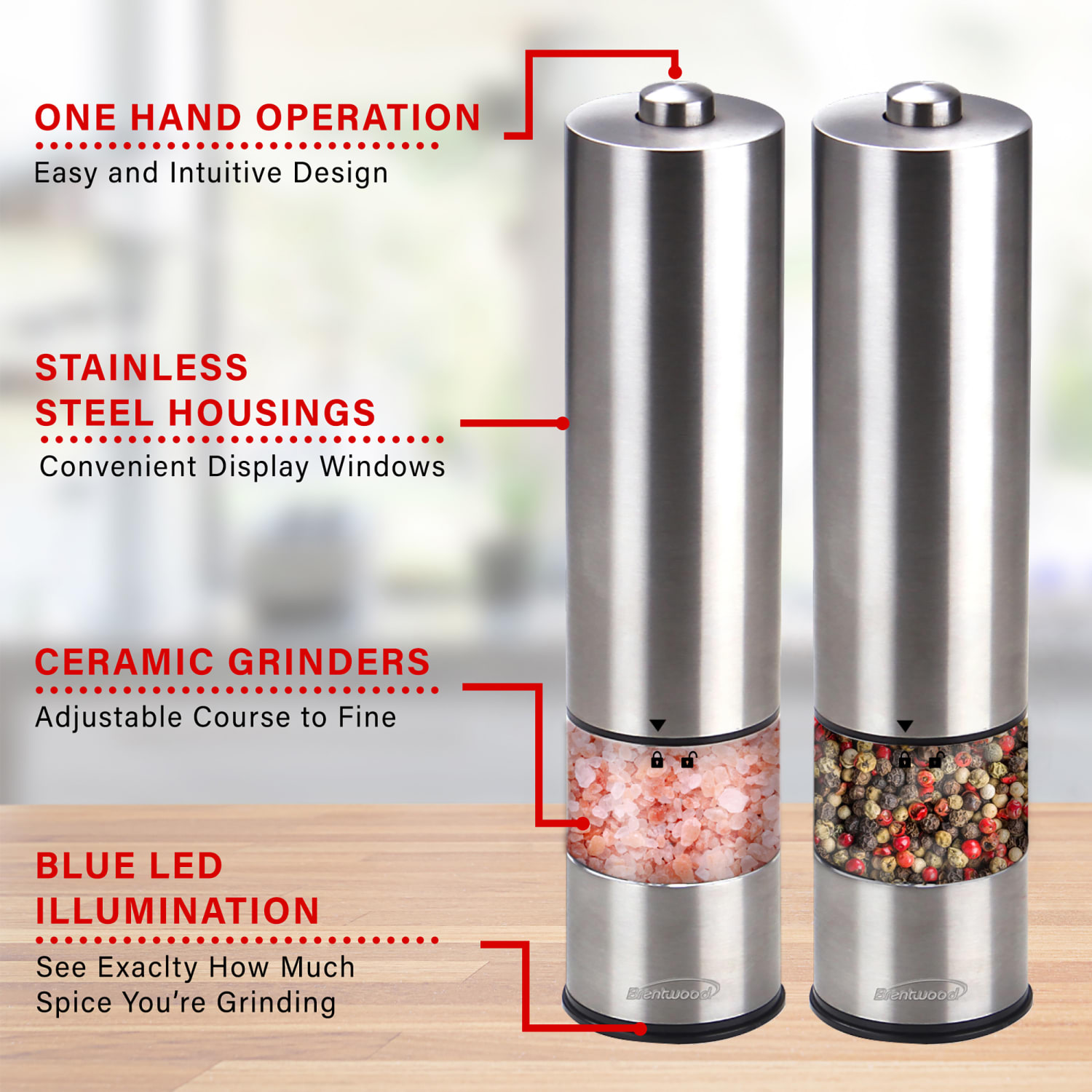 Brentwood Electric LED Salt And Pepper Adjustable Ceramic Grinders, 6 Oz, Silver, Set Of 2 Grinders - Image 4