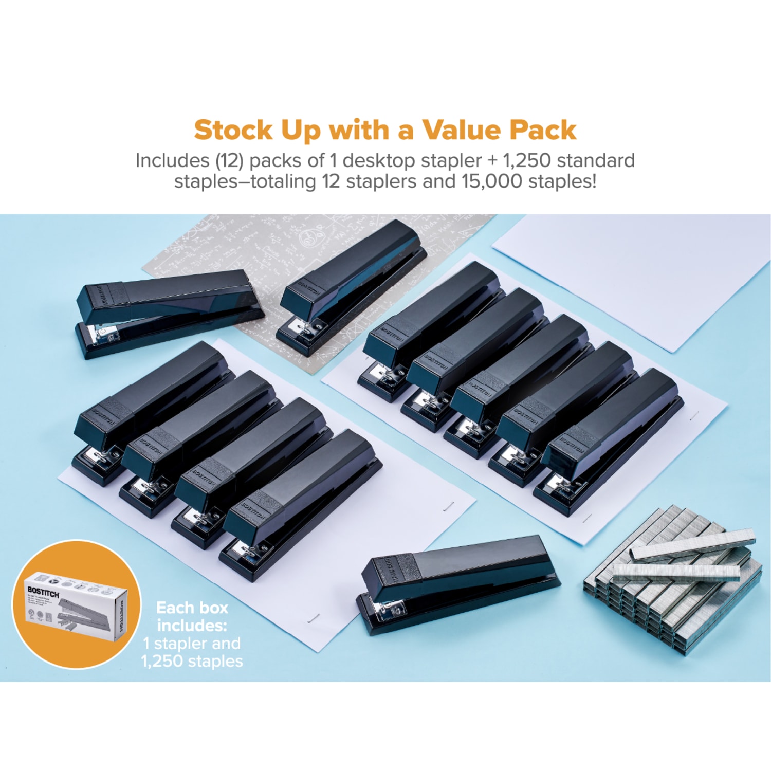 Bostitch No-Jam Premium Desktop Stapler, Full-Strip, Black, Includes 1,250 Staples, Set Of 12 Staplers - Image 3