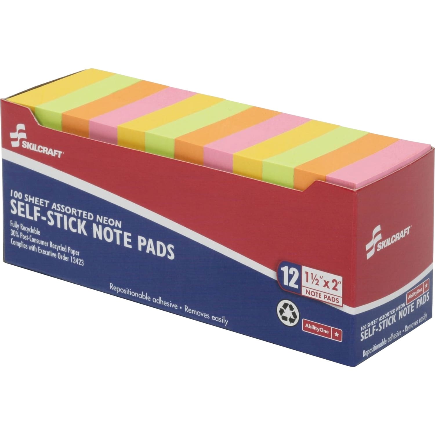 SKILCRAFT Self-Stick Note Pads, 1-1/2in x 2in, Assorted Neon, Pack of 12 Pads - Image 3