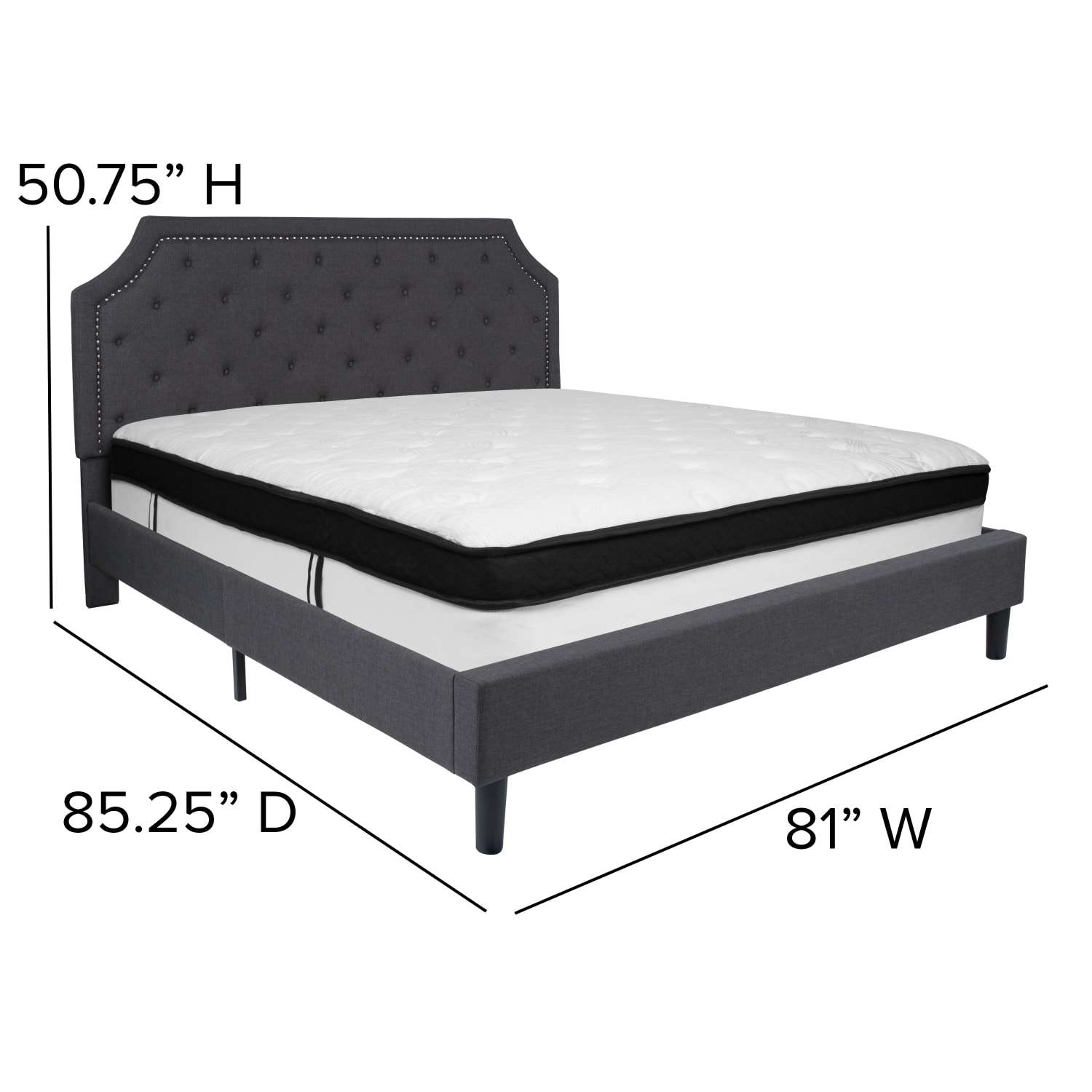 Flash Furniture Brighton Arched Tufted Upholstered Platform Bed And Memory Foam Pocket Spring Mattress, King, Dark Gray - Image 5