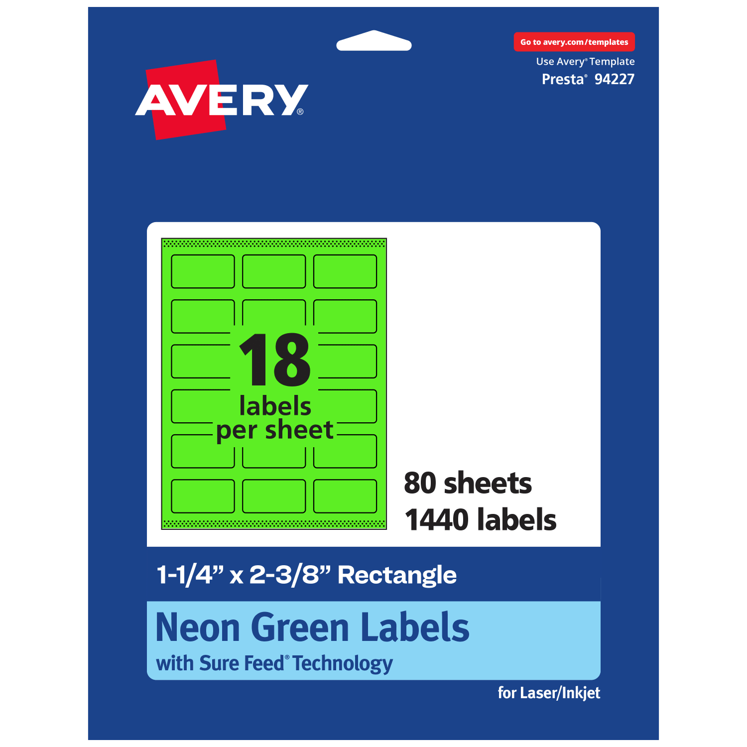 Avery Print-To-The-Edge Labels With Sure Feed Technology And Easy Peel, 94227-NGP80, Rectangle, 1-1/4in x 2-3/8in, Matte Neon Green, Pack of 1440