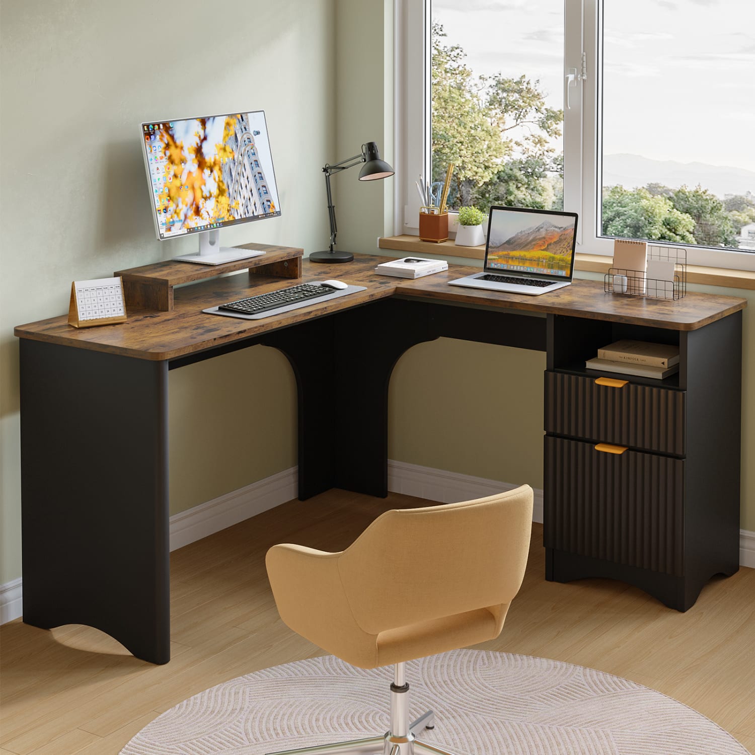 Bestier 56inW Modern L-Shaped Corner Computer Desk With Filing Drawer, Black/Rustic Brown - Image 3