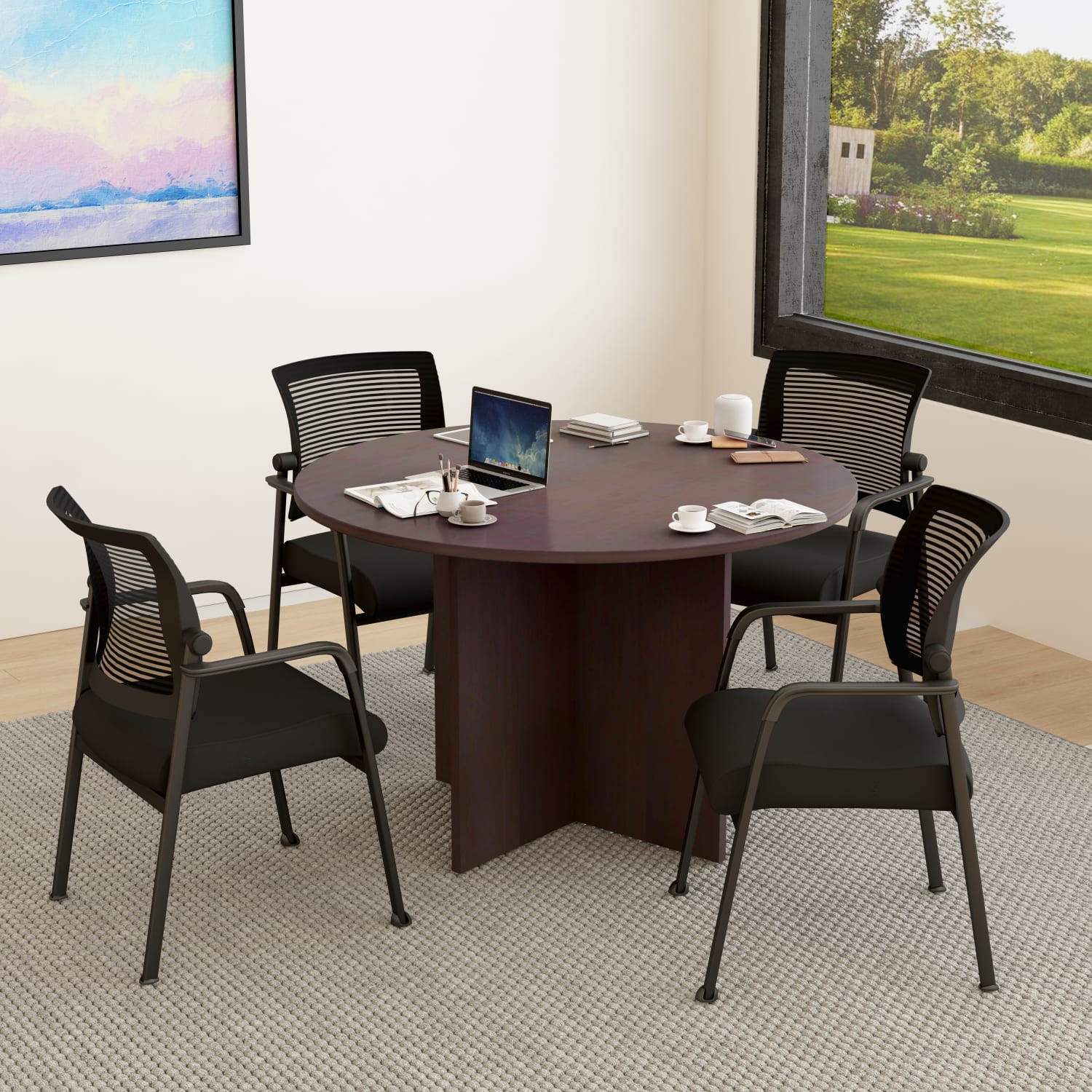 Boss Office Products 42in Round Table And Mesh Guest Chairs Set, Mocha/Black - Image 4