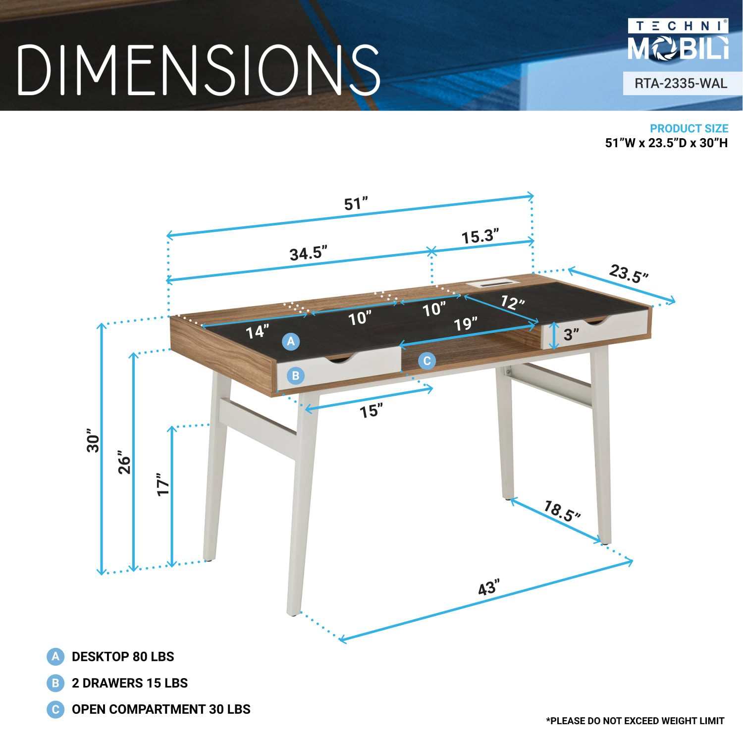 Techni Mobili 51inW Computer Desk With Storage, Walnut Brown - Image 5