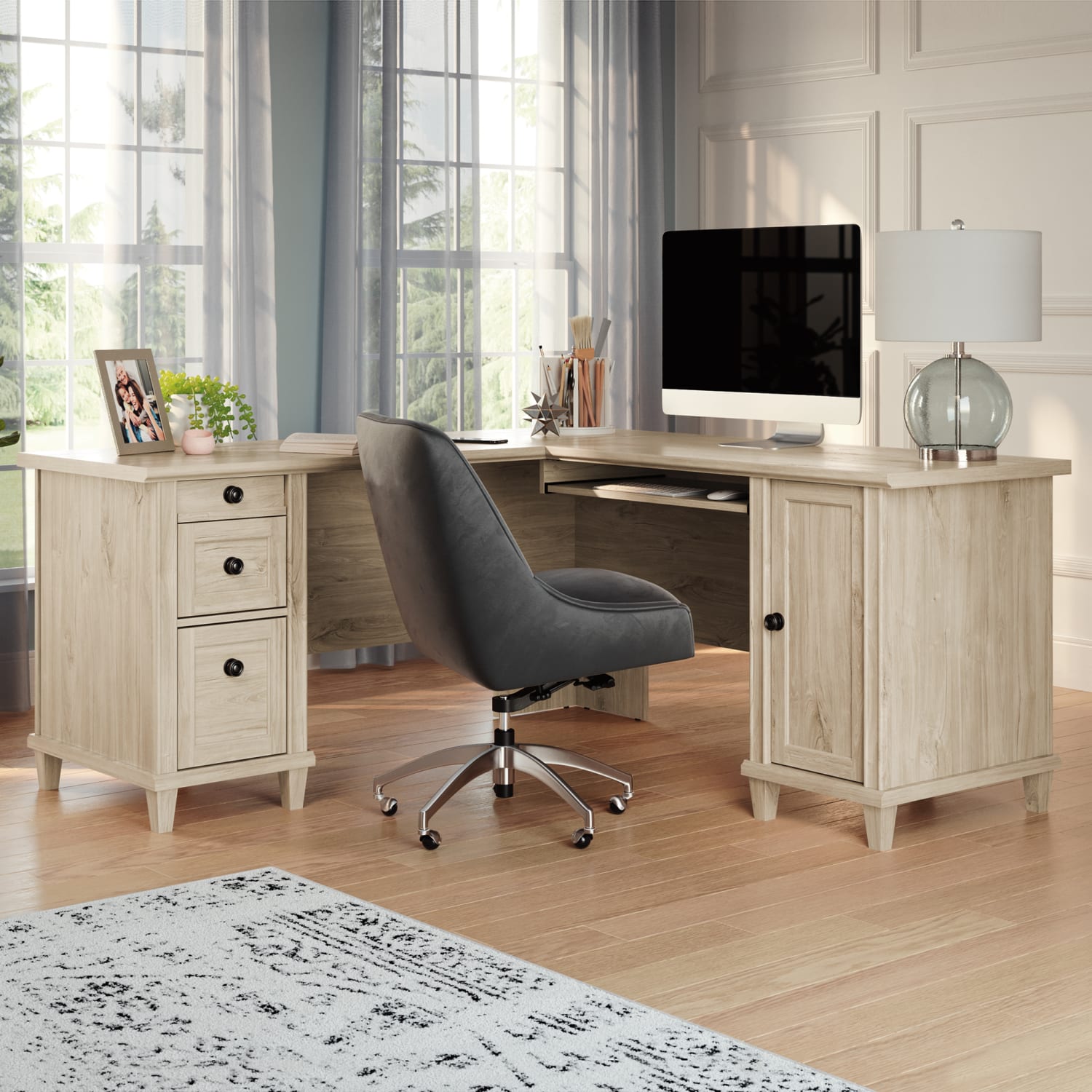Sauder Hammond 65inW L-Shaped Corner Desk, Chalk Oak - Image 4