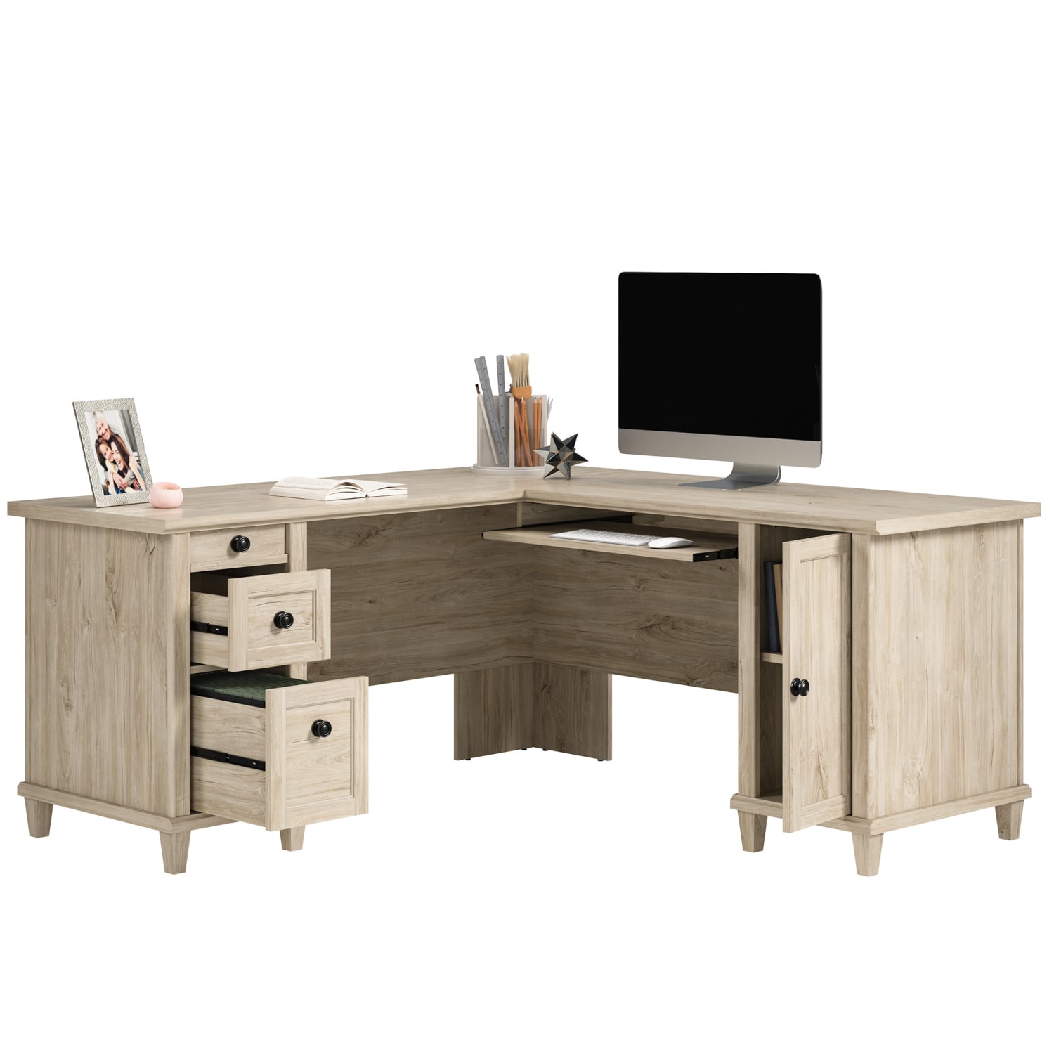 Sauder Hammond 65inW L-Shaped Corner Desk, Chalk Oak - Image 6