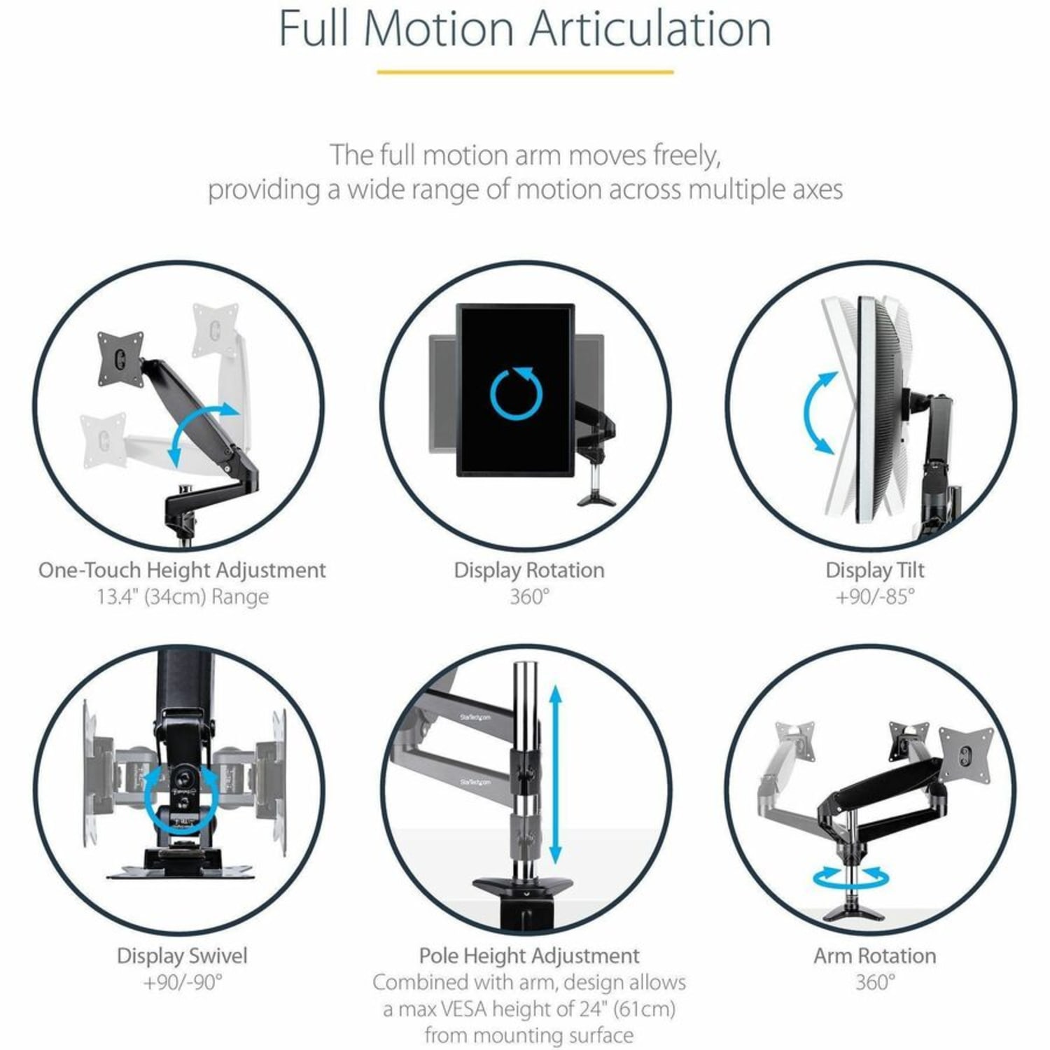StarTech.com Desk Mount Monitor Arm for Single VESA Display 32in , 8kg/17.6lb, Full Motion Articulating & Adjustable,  - ARMPIVOTE2 - Image 4
