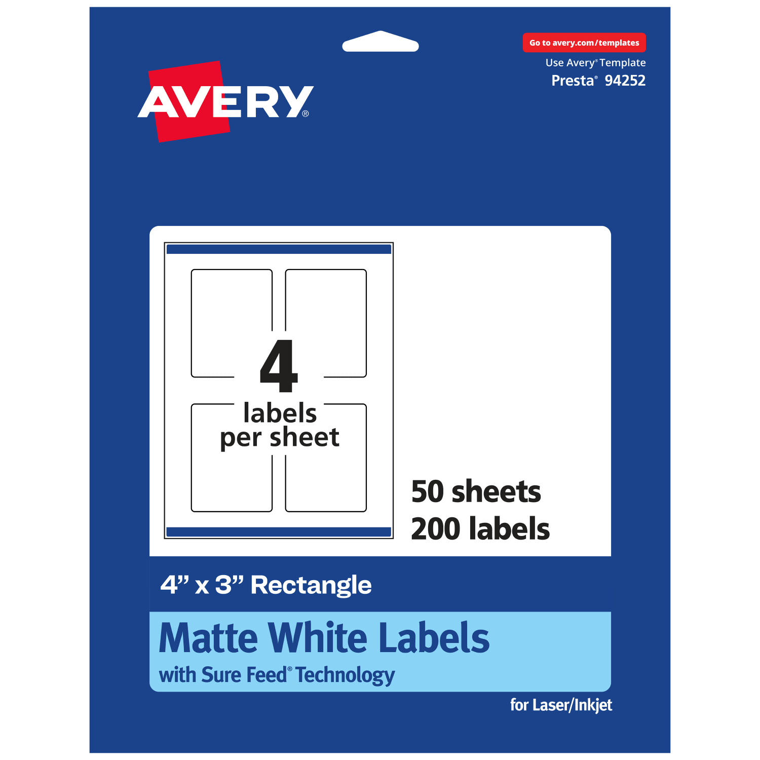 Avery Permanent Labels With Sure Feed, 94252-WMP50, Rectangle, 4in x 3in, White, Pack Of 200