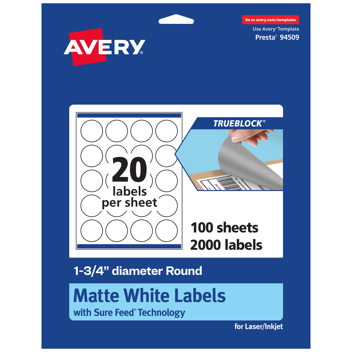 Avery Print-To-The-Edge TrueBlock Labels With Sure Feed, 94509-TWMP100, Round, 1-3/4in, Matte White, Pack Of 2000