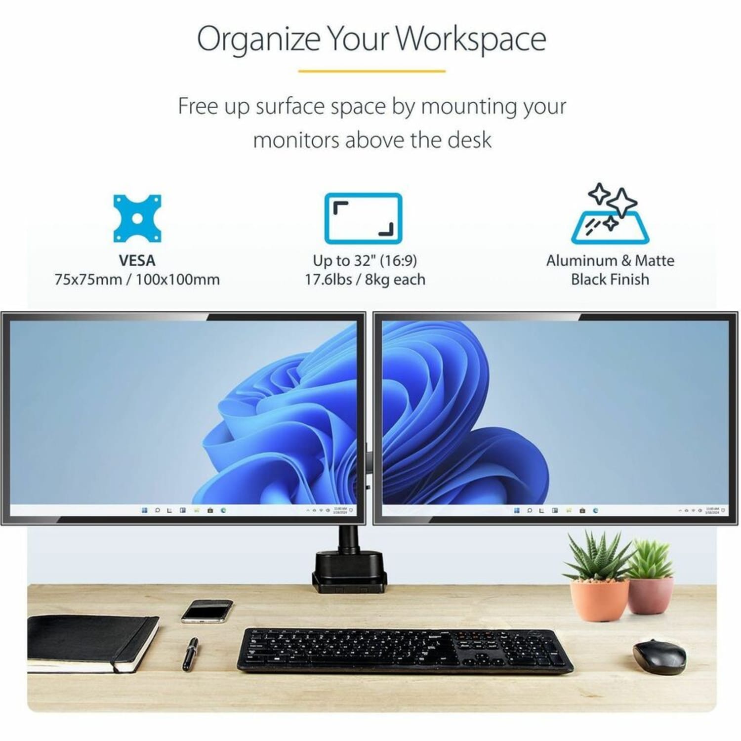 StarTech.com Desk Mount Dual Monitor Arm - Full Motion Monitor Mount for 2x VESA Displays up to 32in (17lb/8kg) - Image 3
