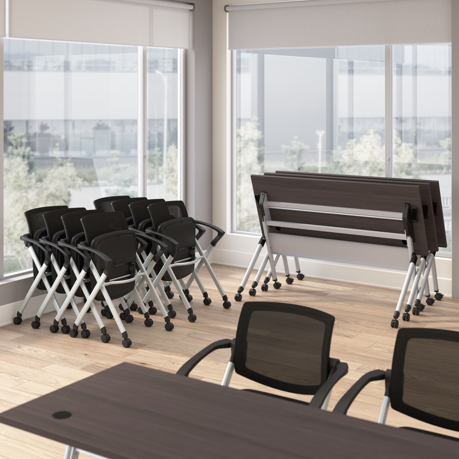 Bush Business Furniture Envision 60inW Training Table with Powered Grommets and 2 Chairs with Arms, Storm Gray/Cool Gray Metallic, Standard Delivery - Image 6