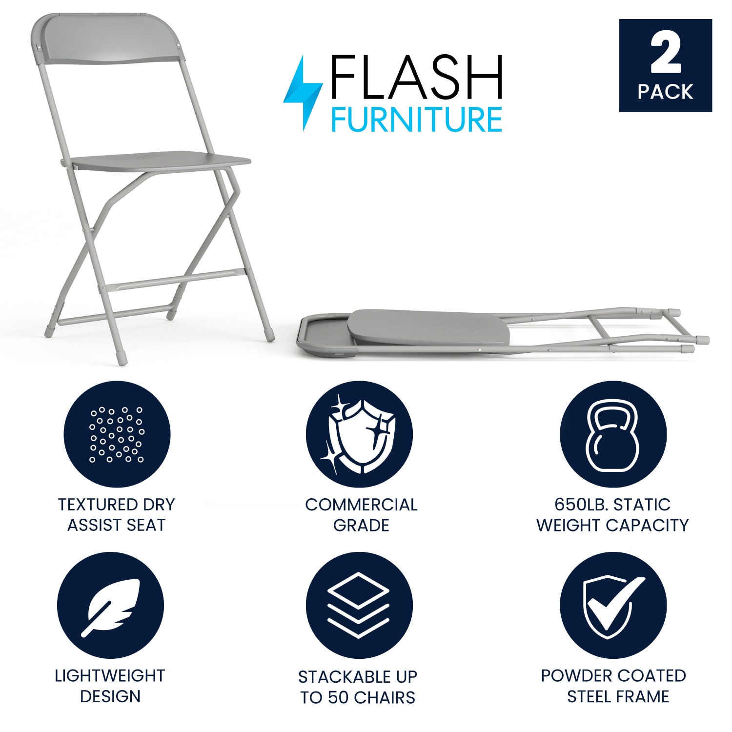 Flash Furniture Hercules Plastic Folding Chairs With 650-lb Capacity, Gray, Set Of 2 Chairs - Image 3