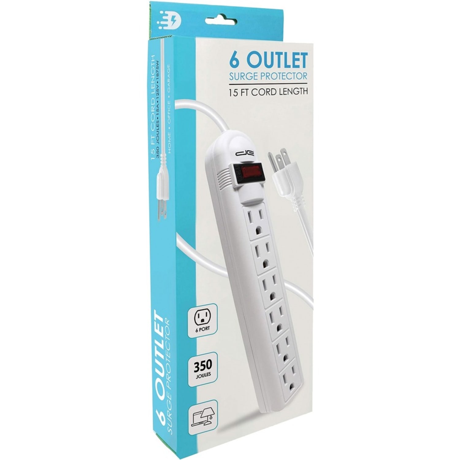 Digital Energy World 6-Outlet Surge Protector Power Strip with 15-Foot Cord (White) - 6 x AC Power - 1875 VA - 350 J - 120 V AC Input - 15 ft - Image 3