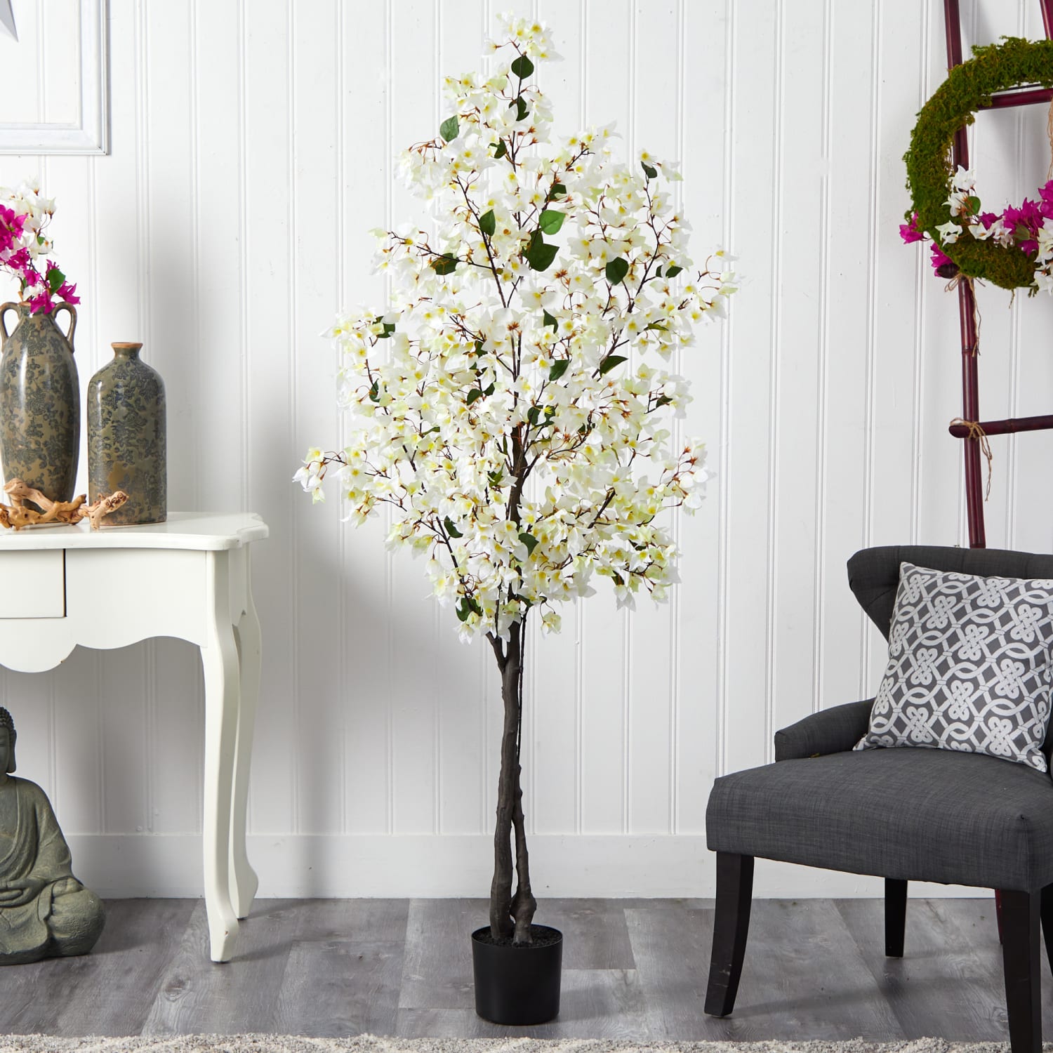 Nearly Natural Bougainvillea 72inH Artificial Plant With Planter, 72inH x 26inW x 10inD, White/Black - Image 4