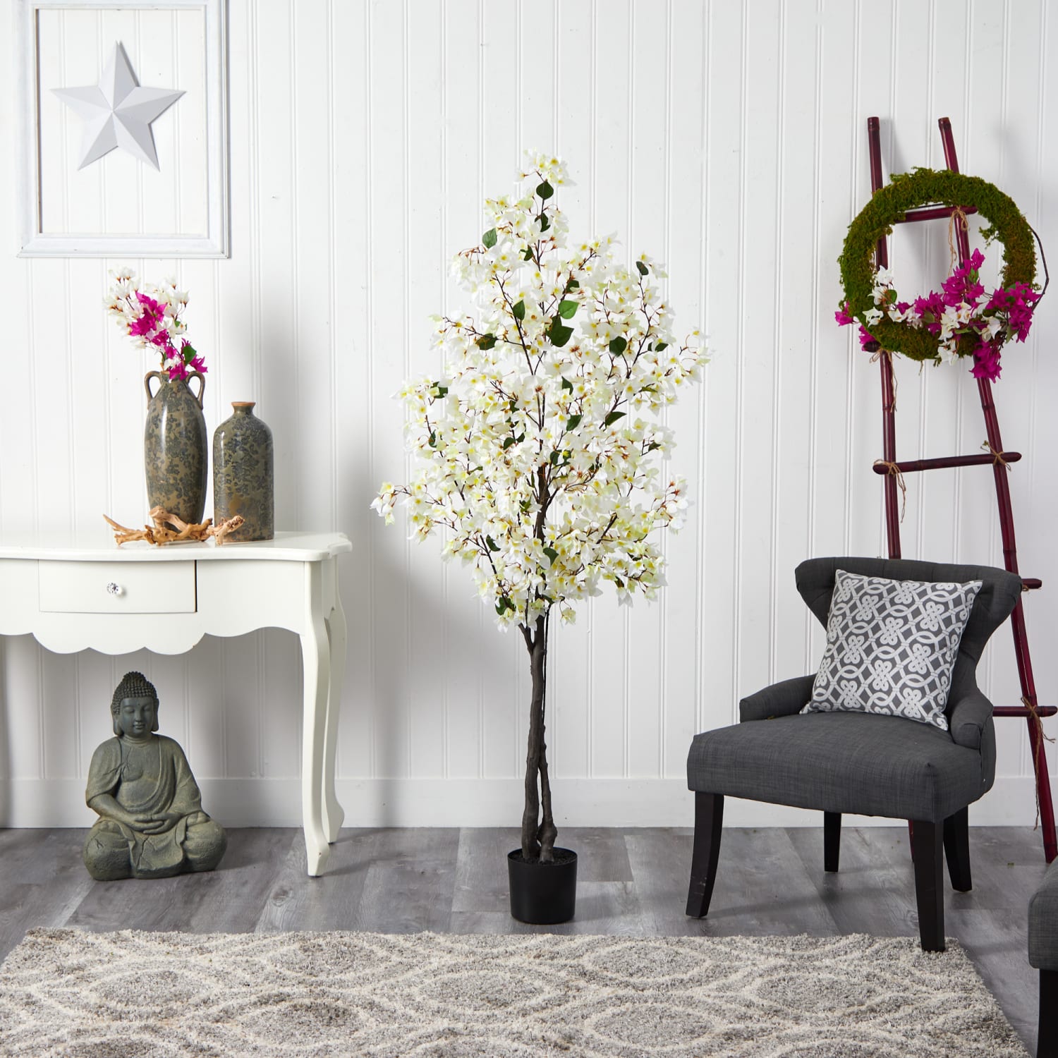 Nearly Natural Bougainvillea 72inH Artificial Plant With Planter, 72inH x 26inW x 10inD, White/Black - Image 5