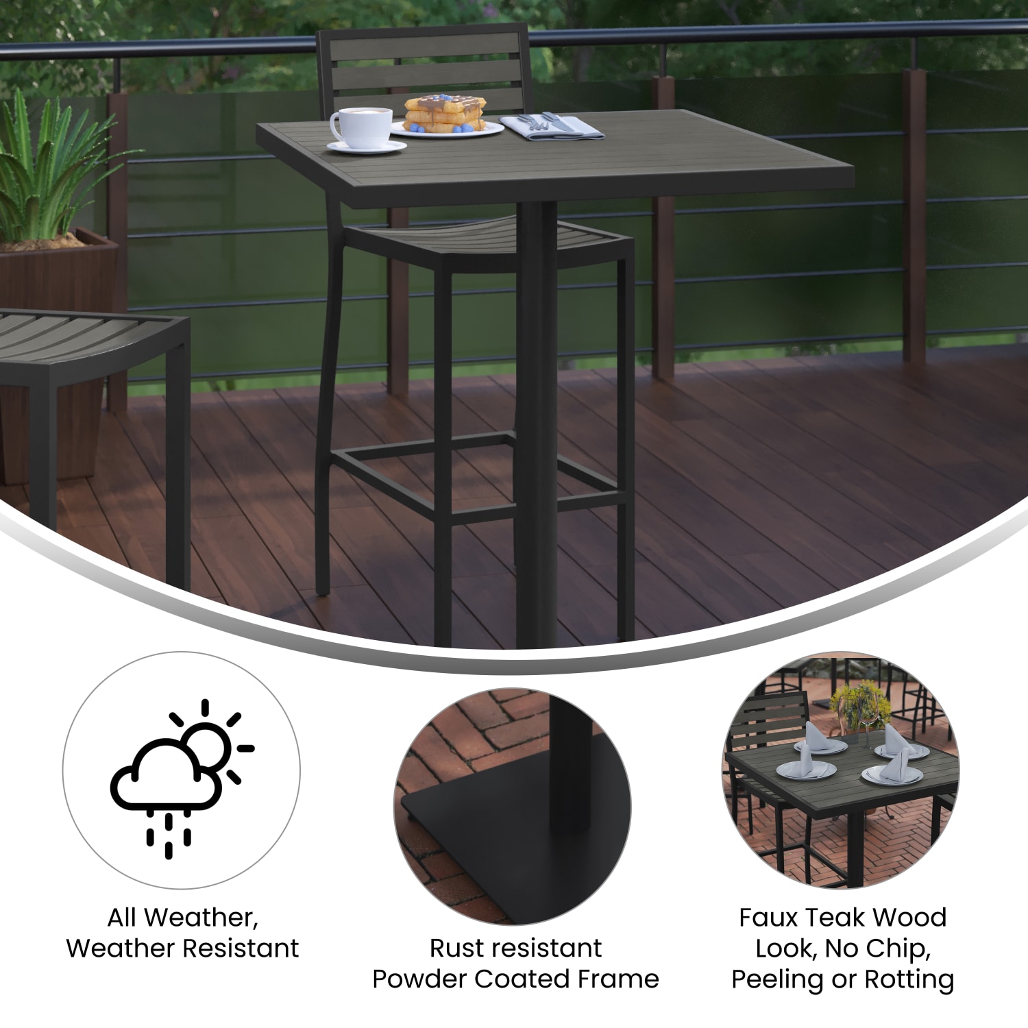 Flash Furniture Lark Commercial-Grade Square Outdoor Furniture Bar-Height Table With Poly Resin Slats, 40-1/2inH x 32inW x 32inD, Gray Wash - Image 5