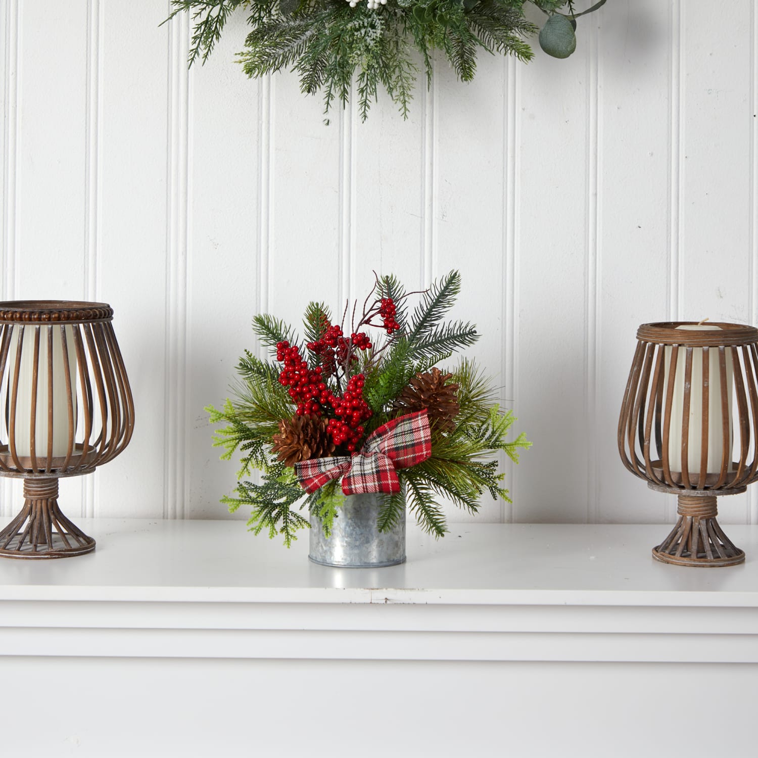 Nearly Natural Holiday Winter 12inH Pine Cones, Berries, Greenery And Plaid Bow Artificial Christmas Arrangement, 12inH x 10inW x 8inD, Green/Silver - Image 3