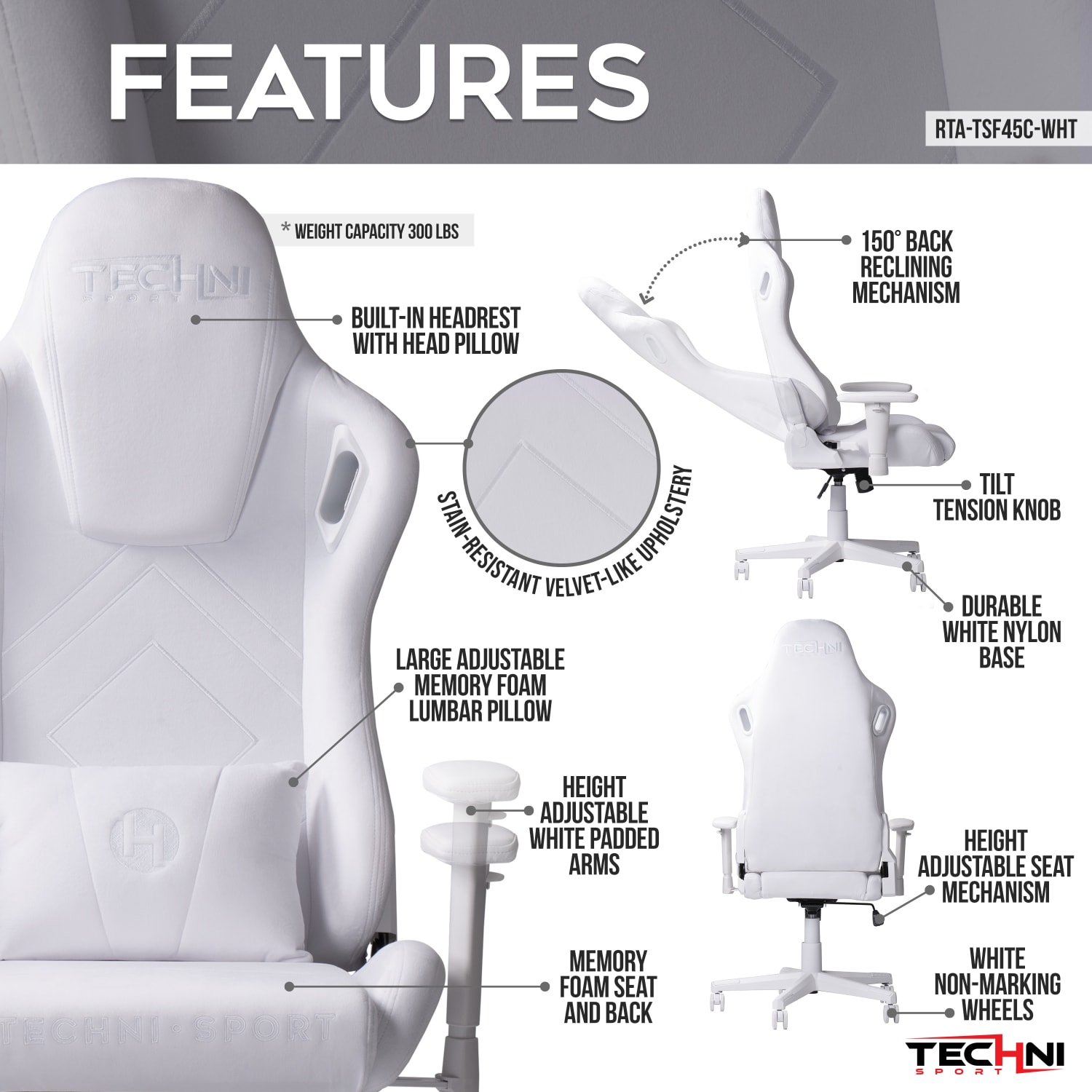 Techni Sport Ergonomic Velvet Computer Gaming Chair, White - Image 4