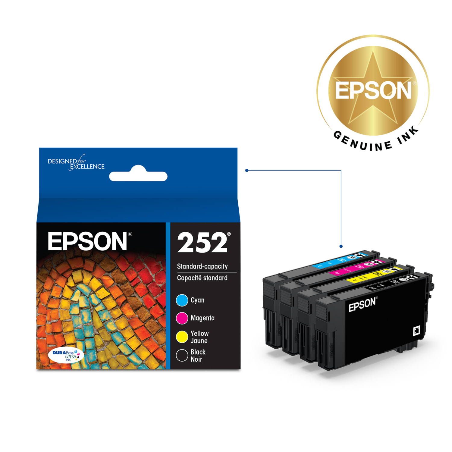 Epson 252 DuraBrite Black And Cyan, Magenta, Yellow Ink Cartridges, Pack Of 4, T252120-BCS - Image 3
