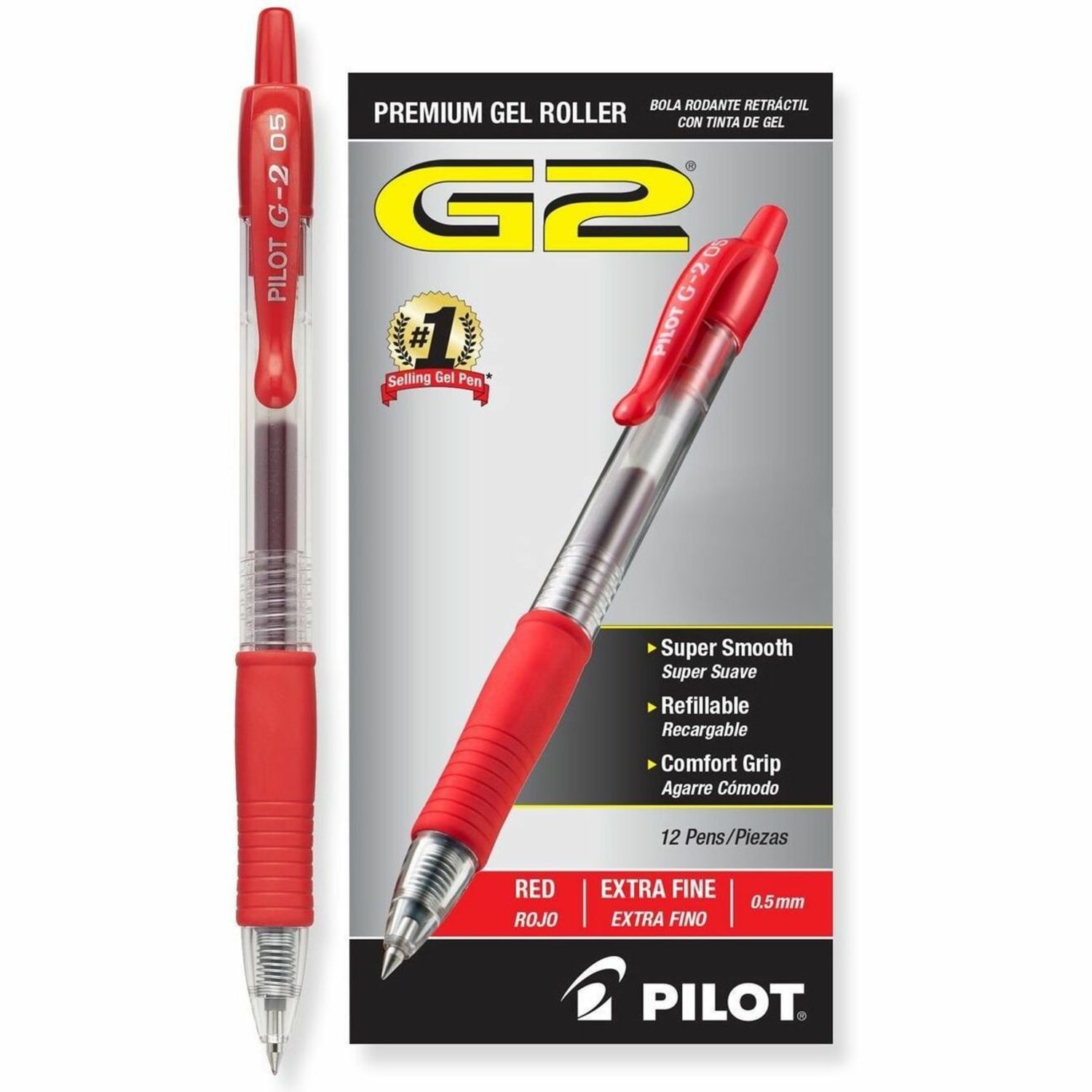 Pilot G2 Retractable Gel Pens, Extra Fine Point, 0.5 mm, Clear Barrels, Red Ink, Pack Of 12 - Image 3