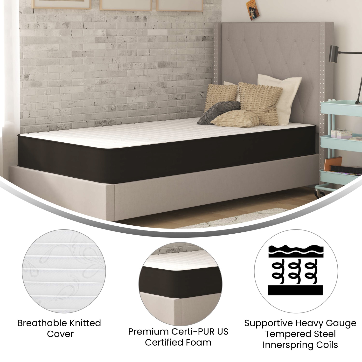 Flash Furniture Capri Comfortable Sleep CertiPUR-US Certified Foam And Innerspring Hybrid Mattress, Twin, 8inH x 39inW x 75inL, Gray - Image 5