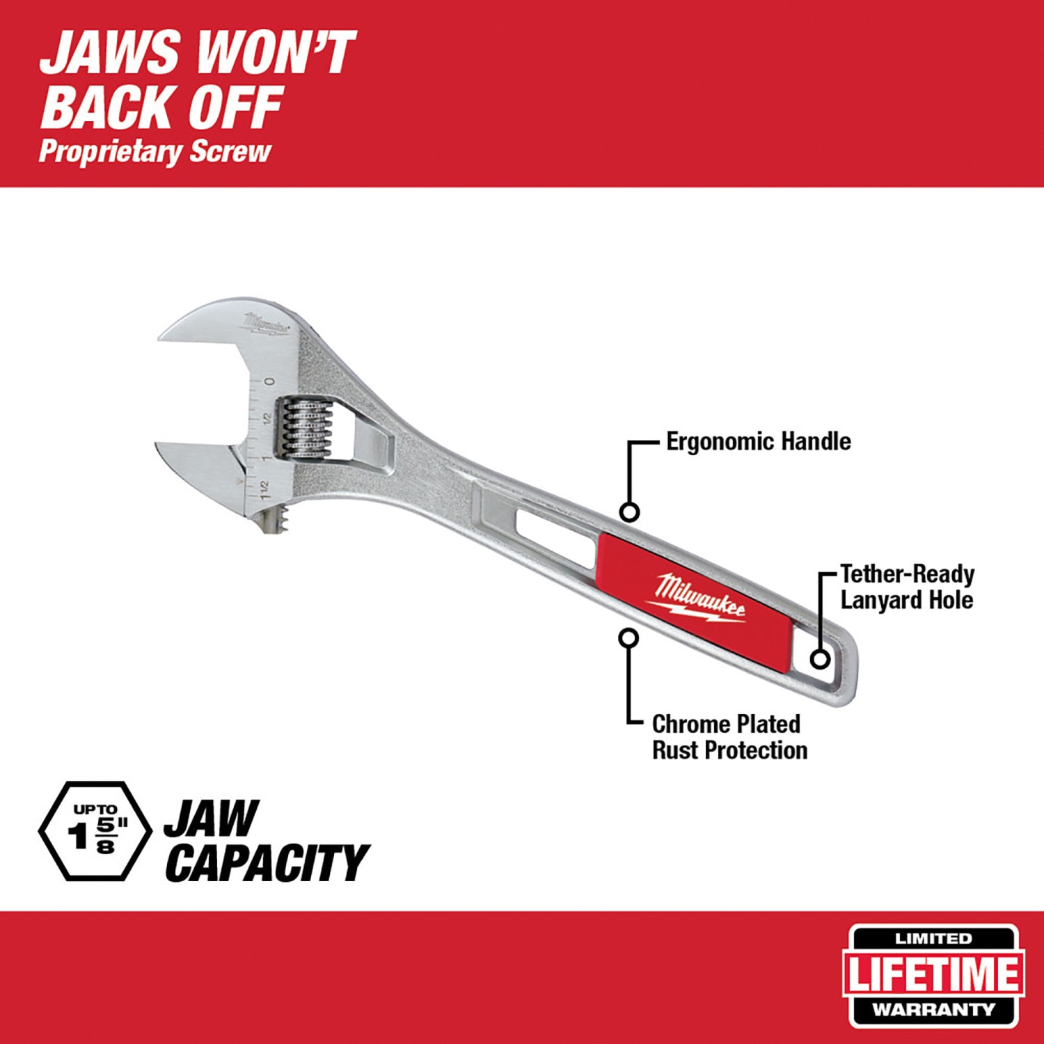 Milwaukee Adjustable Crescent Jaw Opening Wrenches, 12in, Chrome/Red, Set Of 12 Wrenches - Image 3