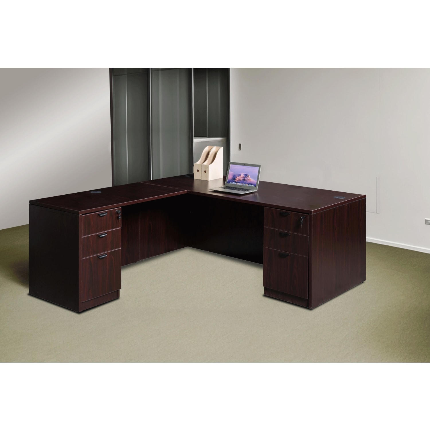 Boss Holland Series 66inW L-Shaped Corner Desk With Dual File Pedestals, Mahogany - Image 6