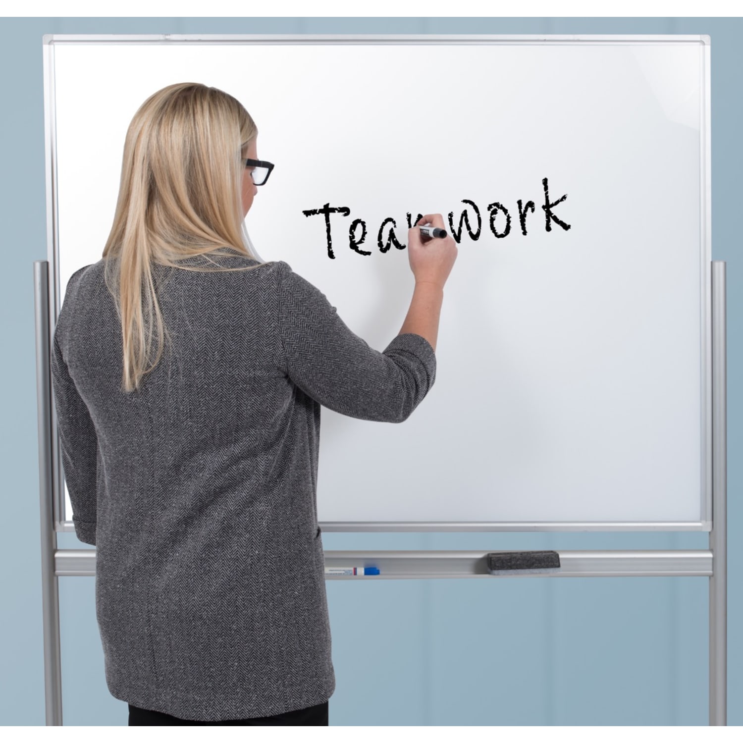 Luxor Double-Sided Mobile Magnetic Glass Dry-Erase Whiteboard, 48in x 36in, Aluminum Frame With Silver Finish - Image 5