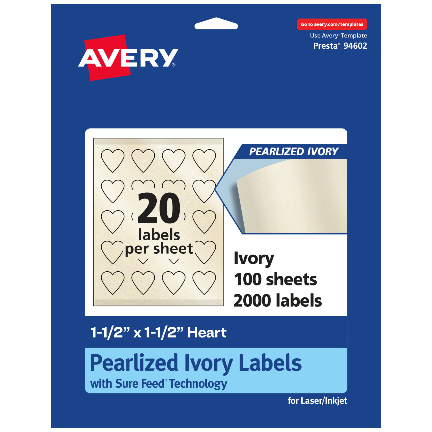 Avery Pearlized Permanent Labels With Sure Feed, 94602-PIP100, Heart, 1-1/2in x 1-1/2in, Ivory, Pack Of 2,000 Labels