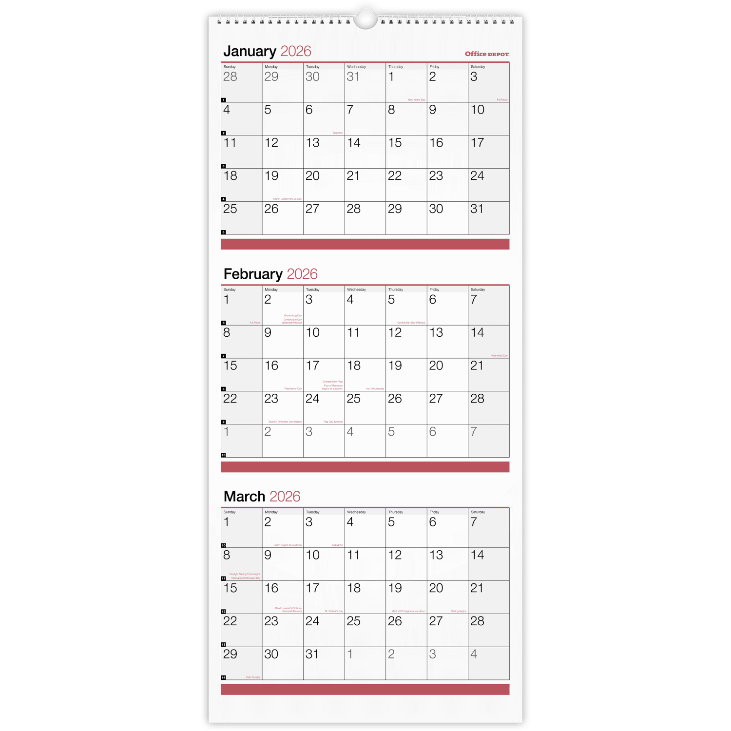 Office Depot Brand 3-Month Monthly Wall Calendar, 12in x 27in, White, January 2026 to December 2026, OD30302826