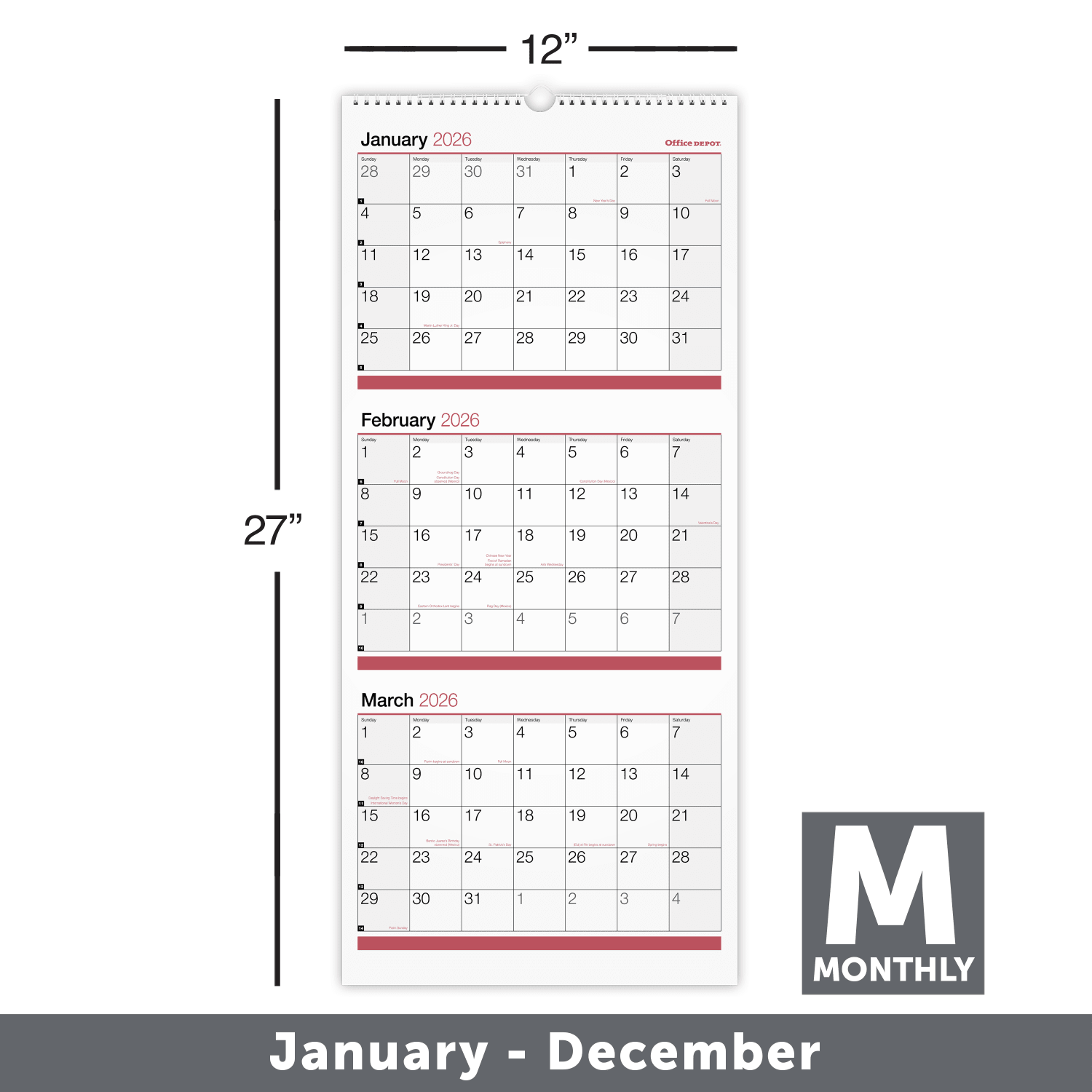 Office Depot Brand 3-Month Monthly Wall Calendar, 12in x 27in, White, January 2026 to December 2026, OD30302826 - Image 3