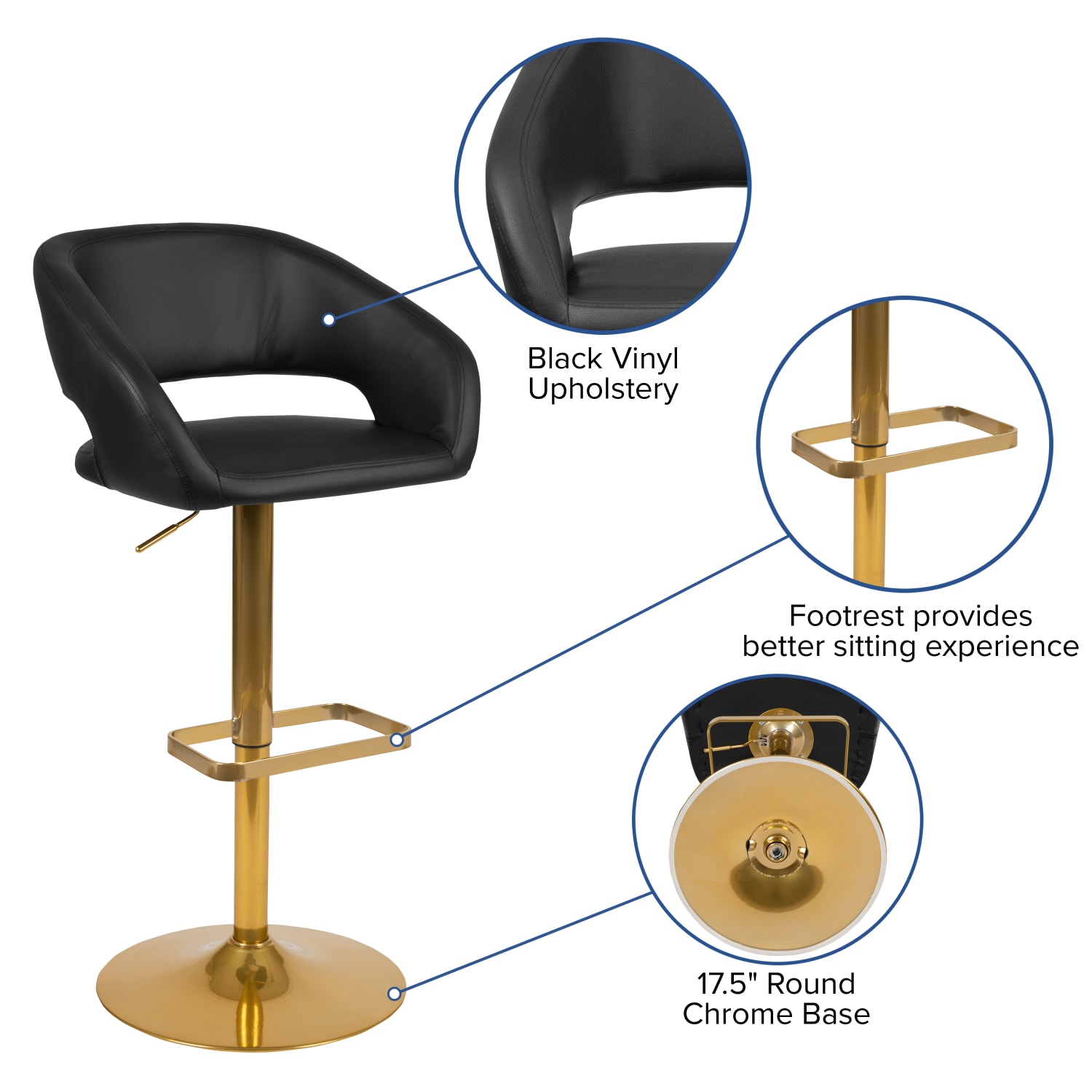 Flash Furniture Contemporary Vinyl Adjustable Height Bar Stool With Rounded Back BlackGold PopularChairscom Flash Furniture Contemporary Vinyl Adjustable Height Bar Stool With Rounded Back BlackGold PopularChairscom