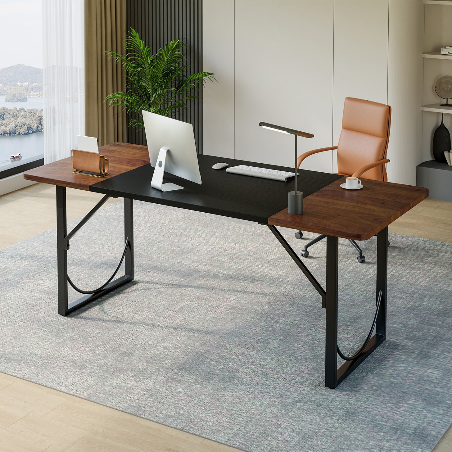 Pinmoco 63in Ergonomic Engineered Wood Modern Home Office Computer Desk, Rustic Brown