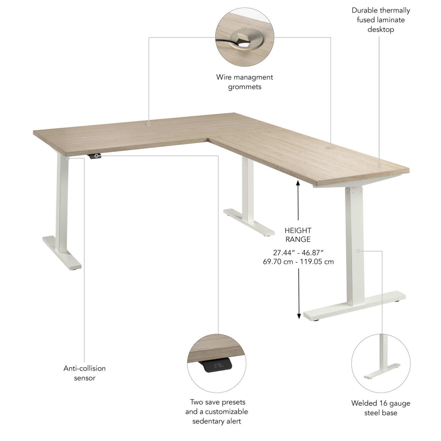 Bush Business Furniture Move 60 Series 60inW Height Adjustable L Shaped Standing Desk, Natural Elm/White Powder Coat, Standard Delivery - Image 4
