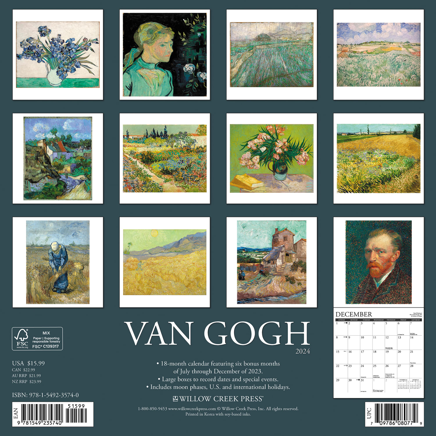 2024 Willow Creek Press Monthly Wall Calendar, 12in x 12in, Van Gogh, January To December 2024 - Image 6