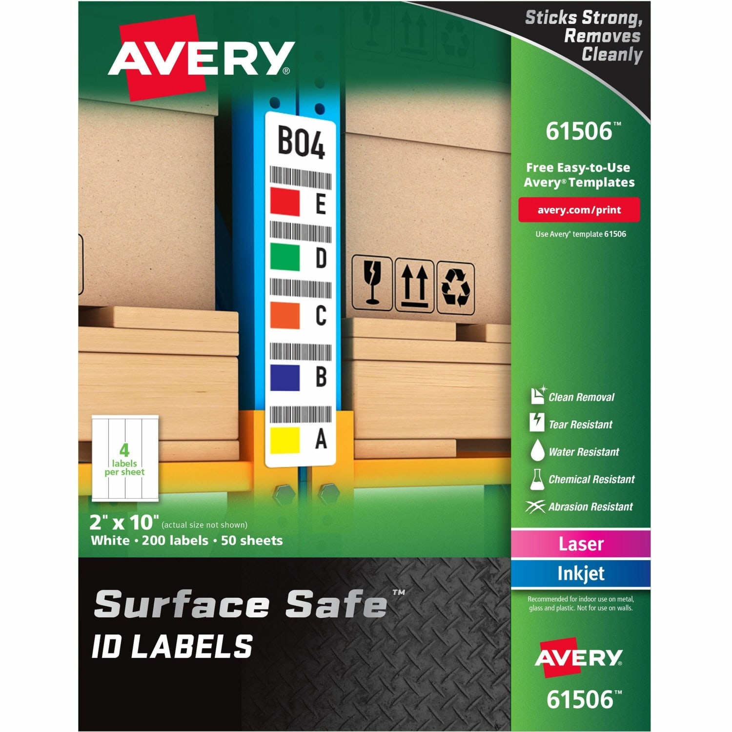 Avery Surface Safe ID Labels - Removable Adhesive - 2inx 10in - Rectangle - Laser, Inkjet - White - Polyester - 4/Sheet - 50 Total Sheets - 200/Pack