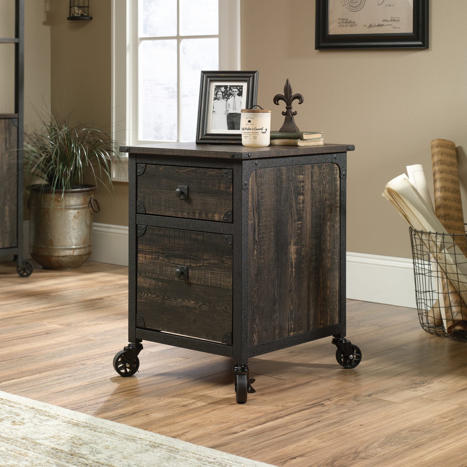 Sauder Metal River 24inD Vertical Mobile Pedestal File Cabinet, Carbon Oak - Image 4