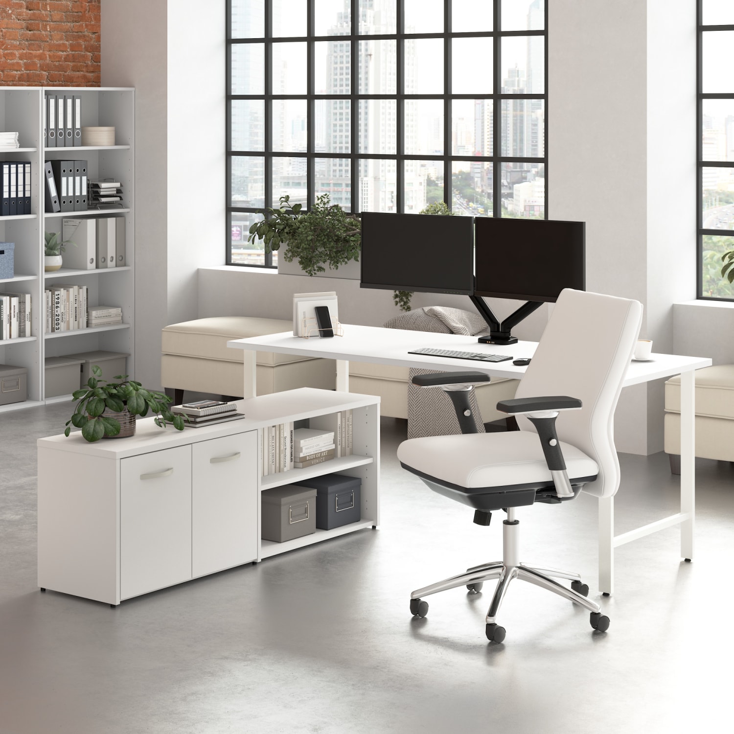 Bush Business Furniture Hustle 72inW Computer Desk and Low Storage Cabinet with Doors and Shelves, White, Standard Delivery Service