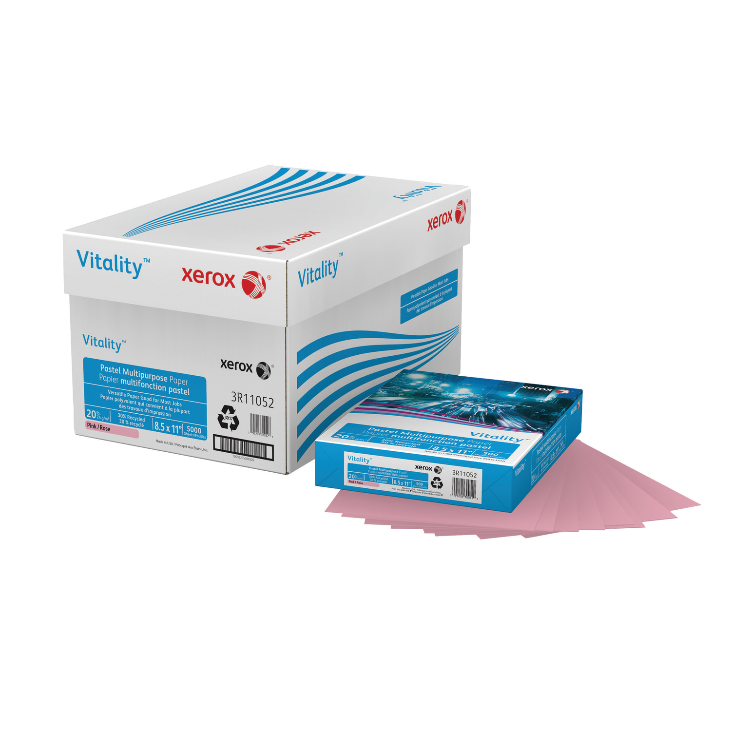 Xerox Vitality Pastel Color Multi-Use Printer & Copy Paper, 10 Reams, Pink, Letter Size, 5000 Sheets Per Case, 20 Lb, 30% Recycled - 3R11052-CT