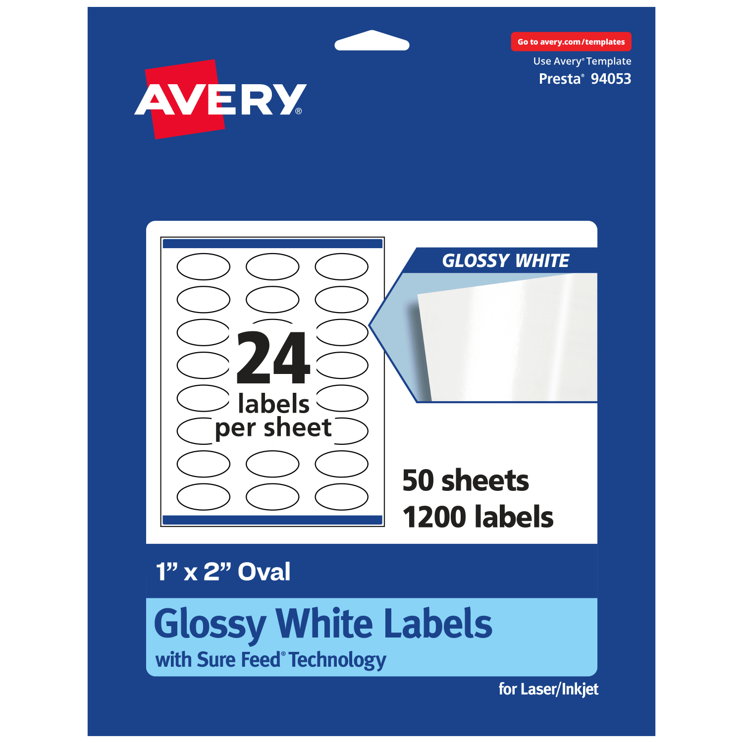 Avery Glossy Permanent Labels With Sure Feed, 94053-WGP50, Oval, 1in x 2in, White, Pack Of 1,200