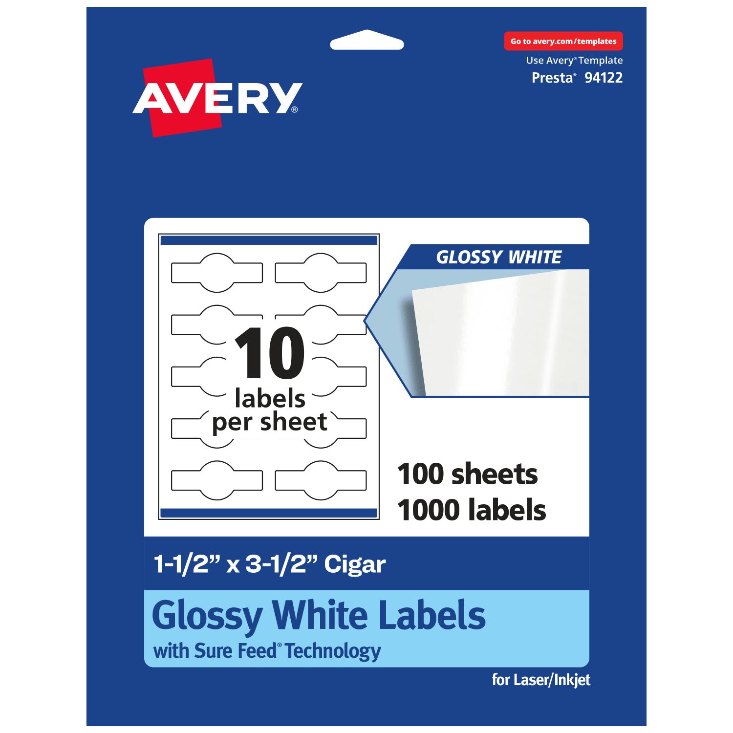 Avery Glossy Permanent Labels With Sure Feed, 94122-WGP100, Cigar, 1-1/2in x 3-1/2in, White, Pack Of 1,000