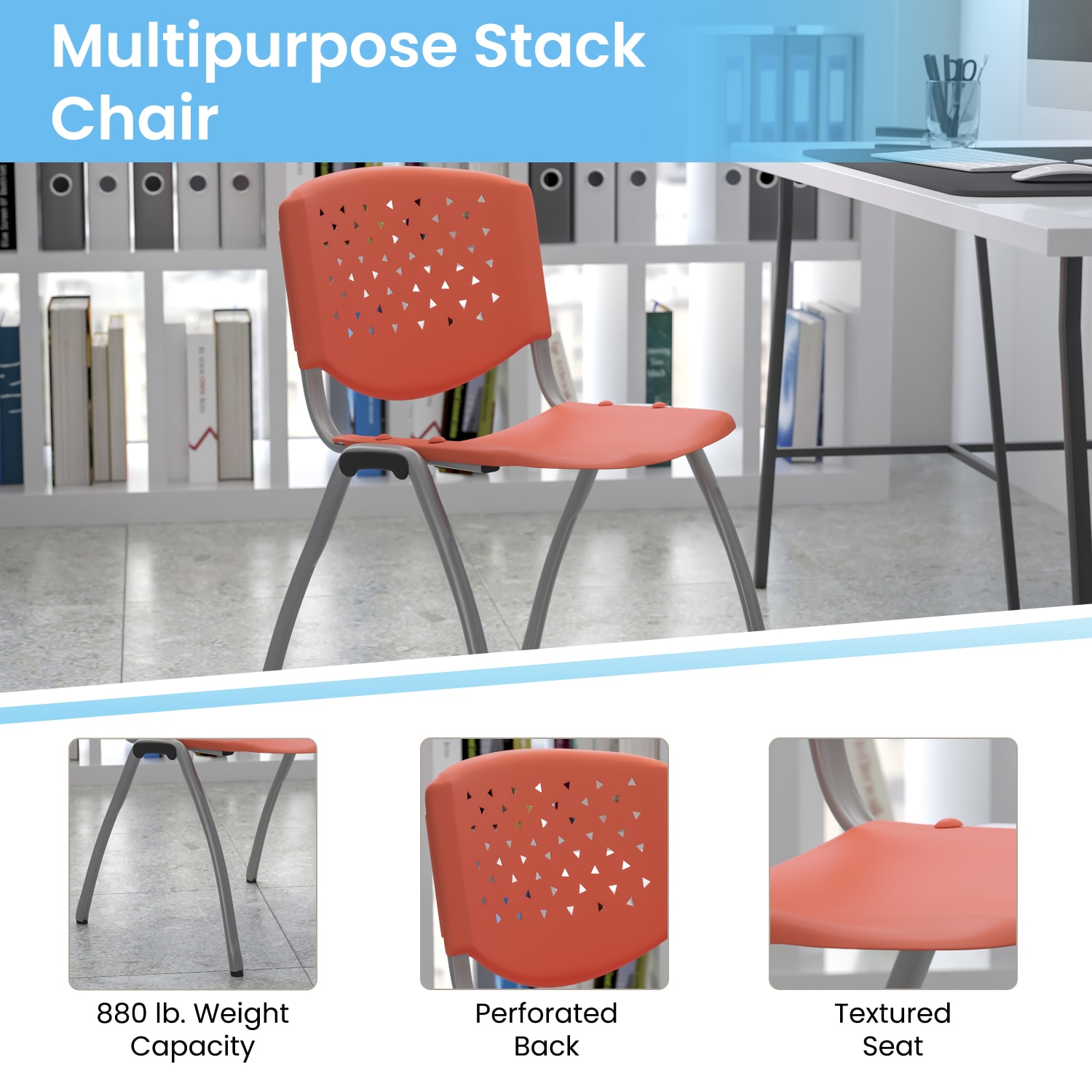 Flash Furniture HERCULES Series Stack Chair With Titanium Frame, Orange Seat/Gray Frame - Image 6