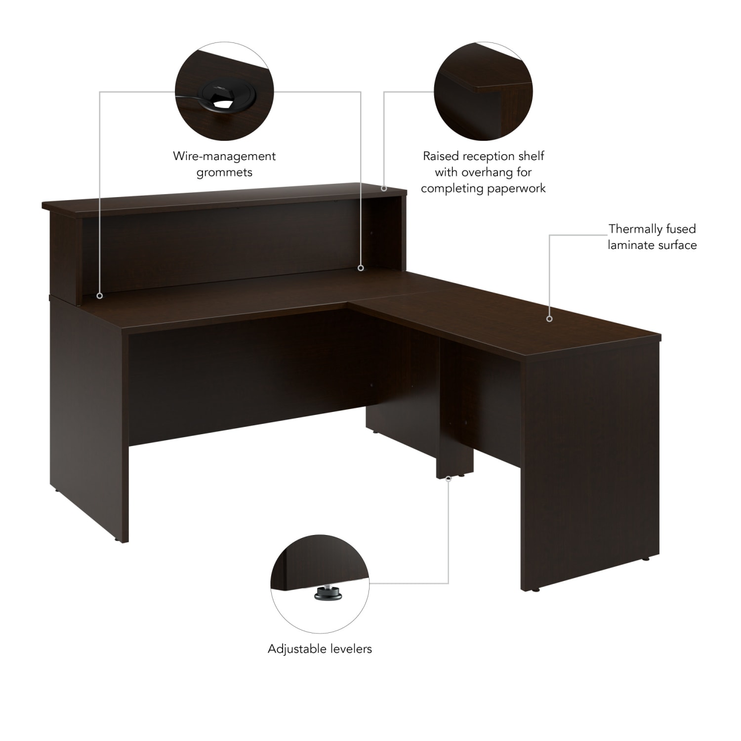 Bush Business Furniture Arrive 60inW L Shaped Reception Desk with Shelf, Mocha Cherry, Standard Delivery - Image 5