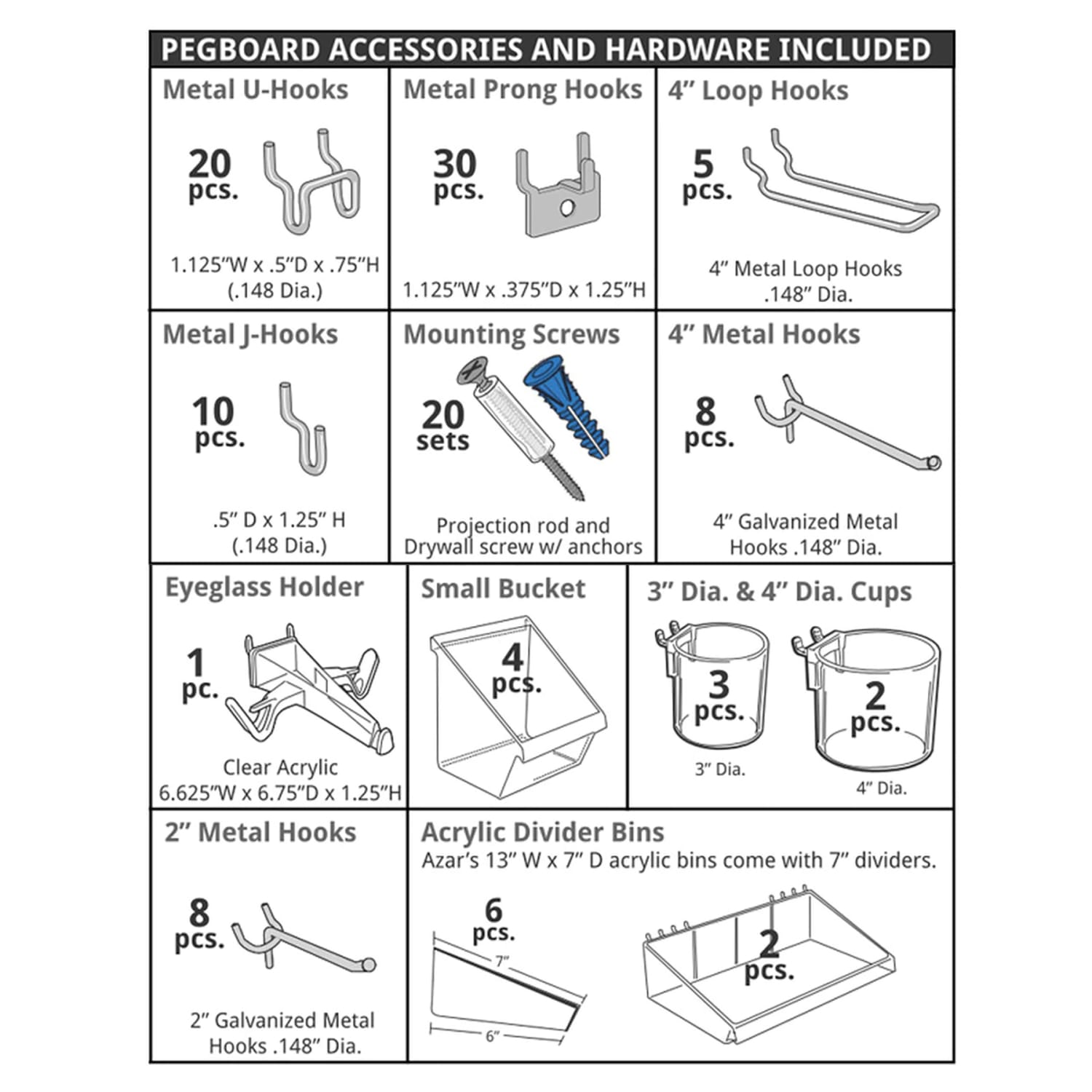Azar Displays 125-Piece Pegboard Organizer Kit, 24in x 48in, White - Image 3