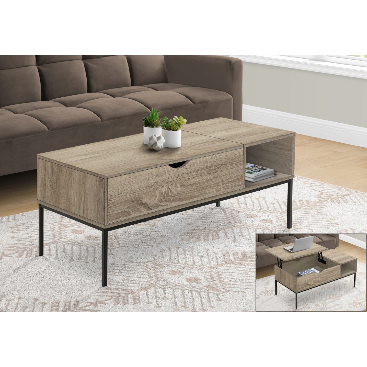 Monarch Specialties Adie Lift-Top Metal Rectangular Coffee Table, 18inH x 42inW x 20inD, Dark Taupe/Black - Image 3