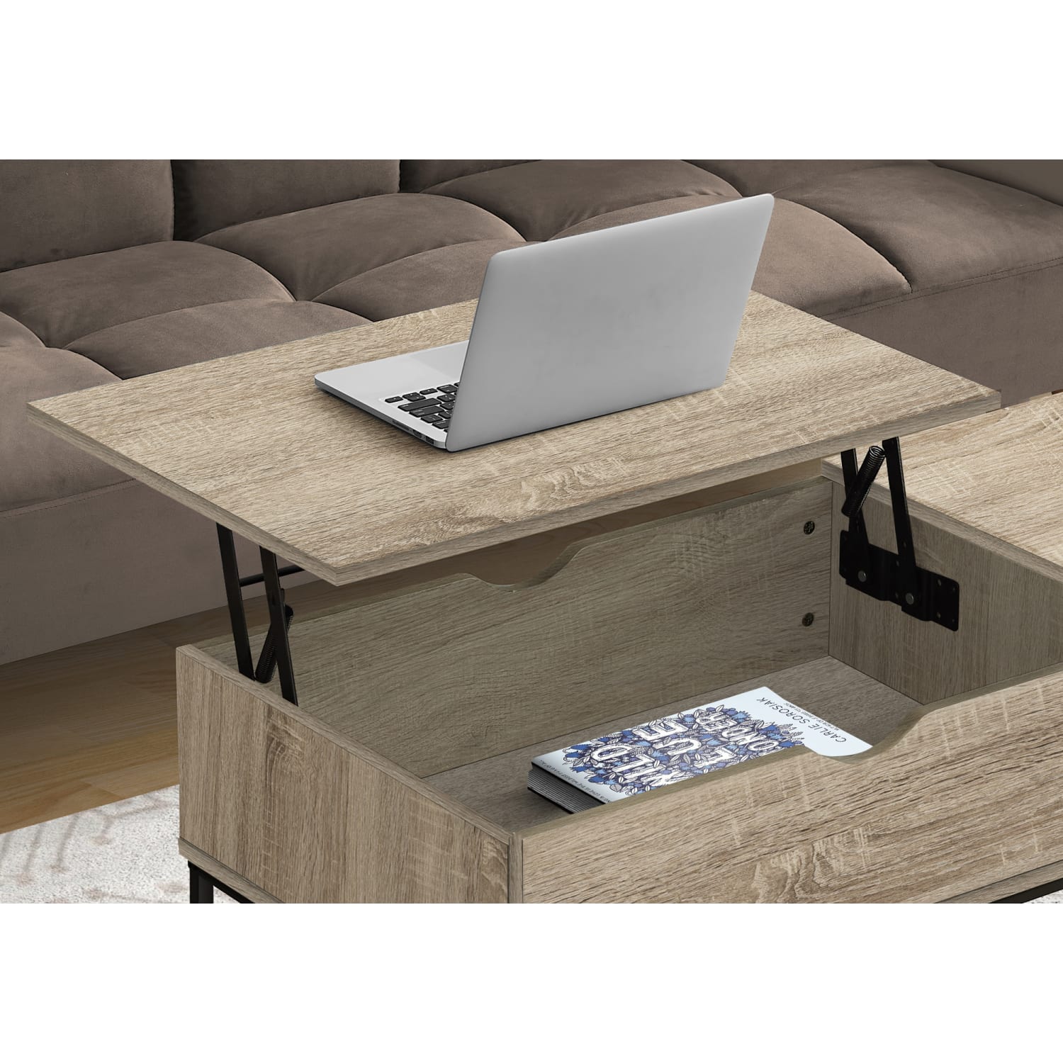 Monarch Specialties Adie Lift-Top Metal Rectangular Coffee Table, 18inH x 42inW x 20inD, Dark Taupe/Black - Image 4