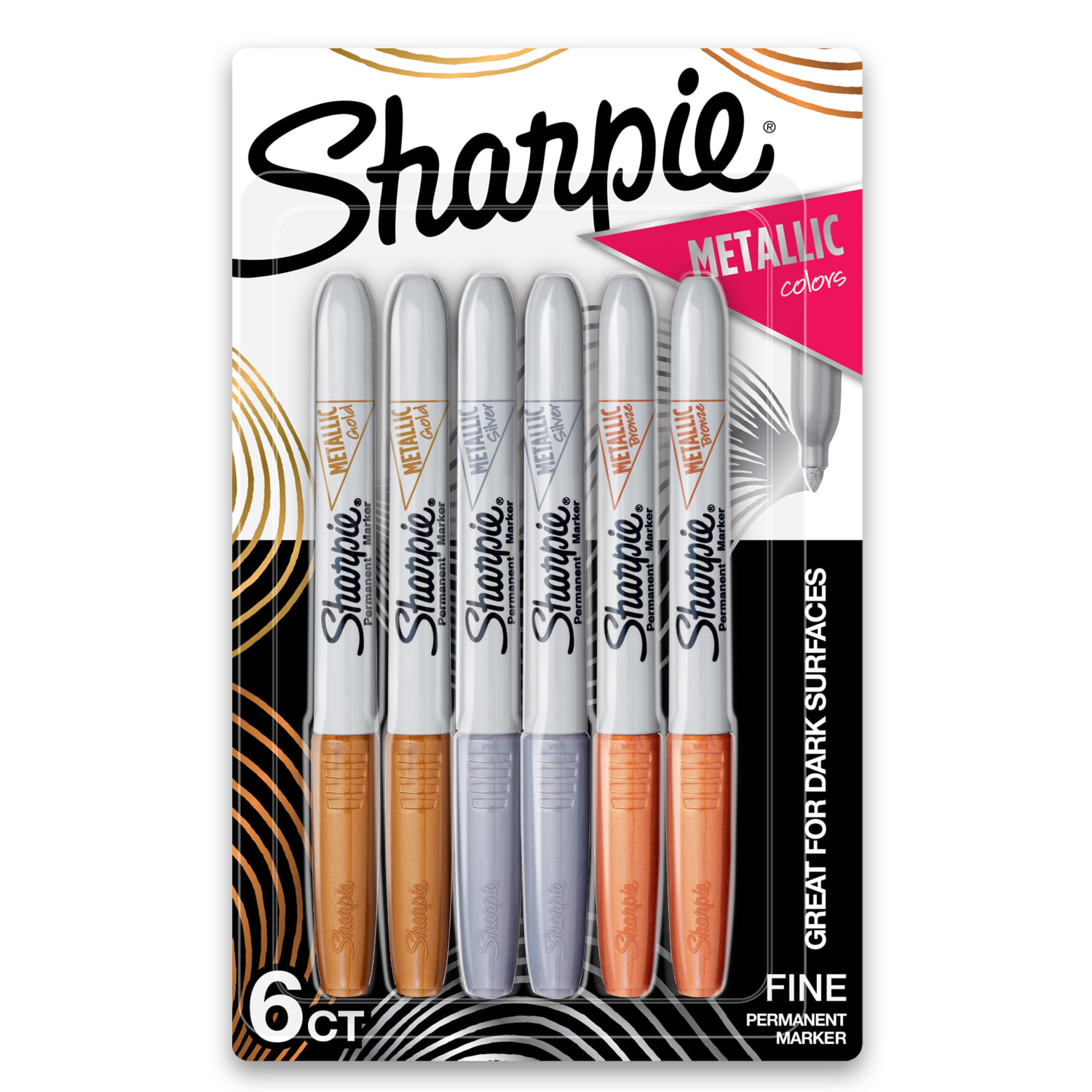 Sharpie Metallic Markers, Bronze/Gold/Silver, Pack Of 6 Markers
