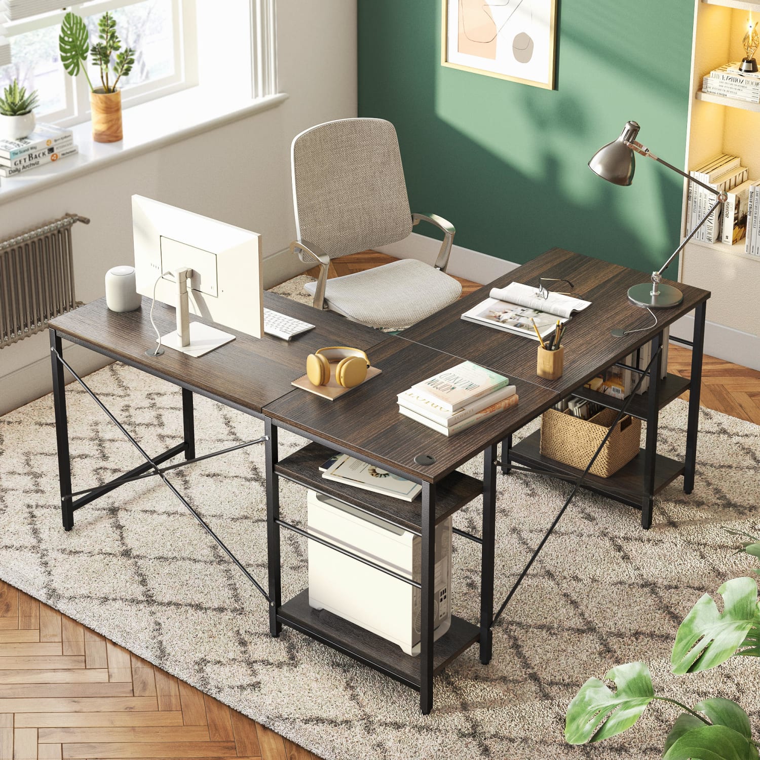 Bestier L-Shaped Corner Computer Desk With Storage Shelf, 3 Cable Holes, 60inW, Dark Walnut - Image 6